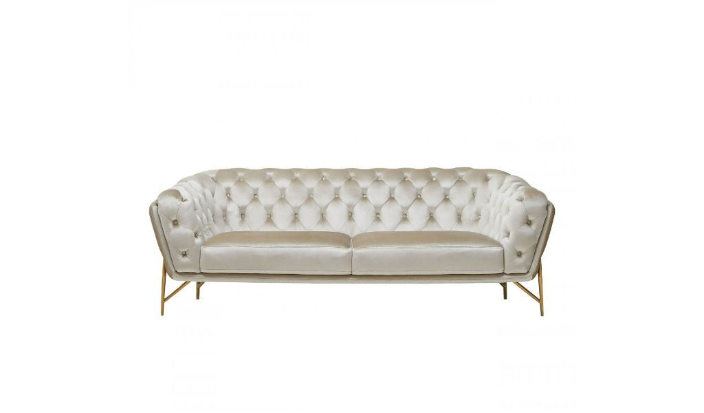  88" Beige Tufted Velvet and Gold Chesterfield Sofa By Homeroots 