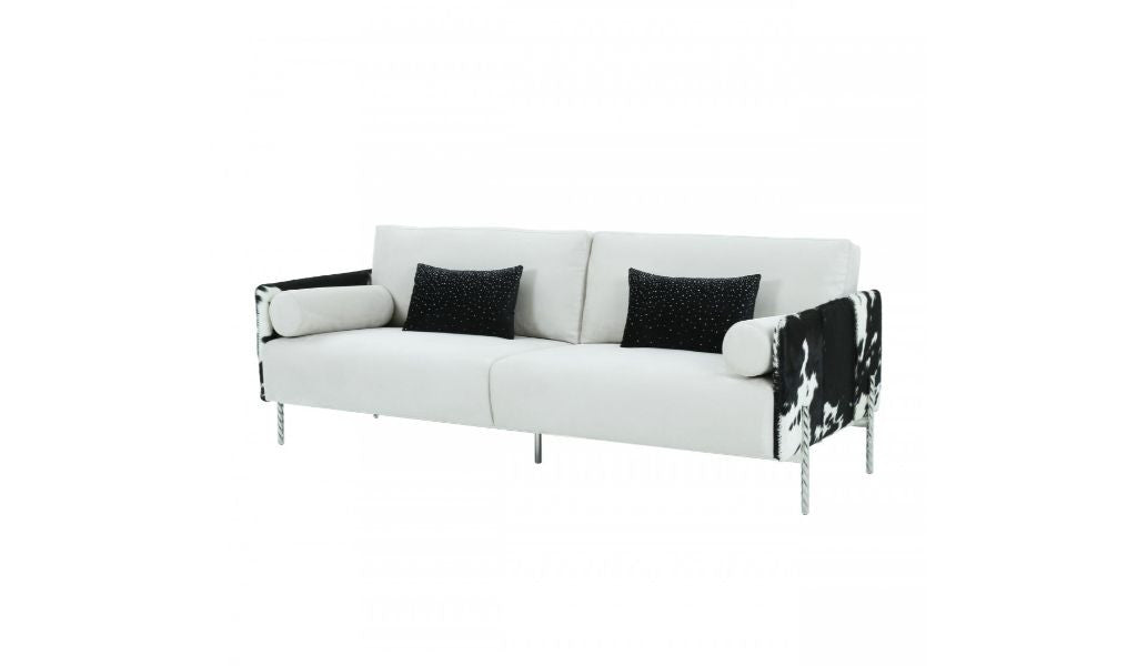  89" White Faux Cowhide and Silver Sofa By Homeroots 