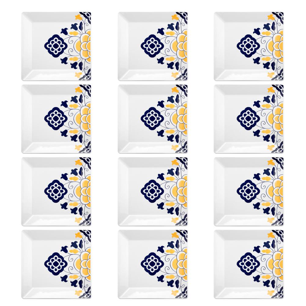  Oxford Quartier 12 Large 10.43" Square Dinner Plates in Blue and Yellow By Manhattan Comfort 