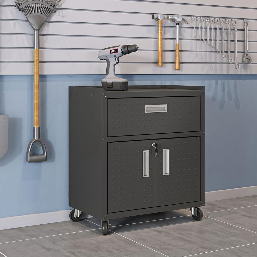  Fortress Textured Metal 31.5" Garage Mobile Cabinet with 1 Full Extension Drawer and 2 Adjustable Shelves in Charcoal Grey By Manhattan Comfort 