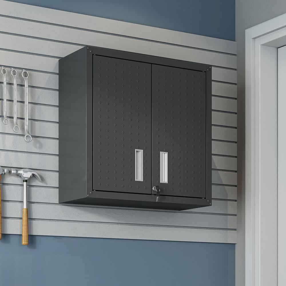  Fortress 30" Floating Textured Metal Garage Cabinet with Adjustable Shelves in Charcoal Grey By Manhattan Comfort 