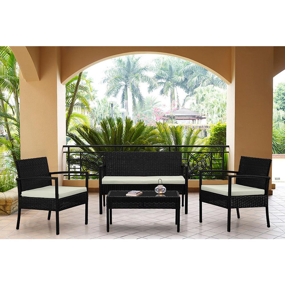  Noli Steel Rattan 4-Piece Patio Conversation Set with Cushions in Cream By Manhattan Comfort 