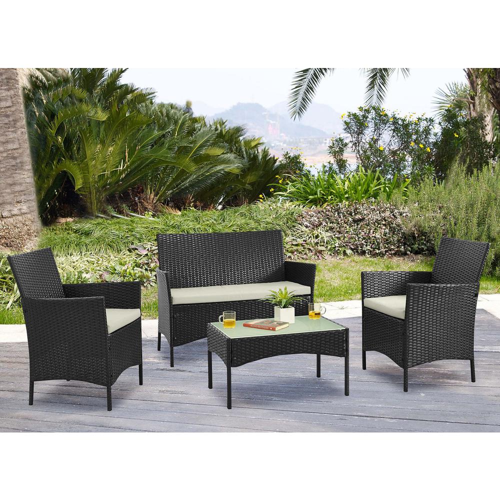  Imperia Steel Rattan 4-Piece Patio Conversation Set with Cushions in Cream By Manhattan Comfort 