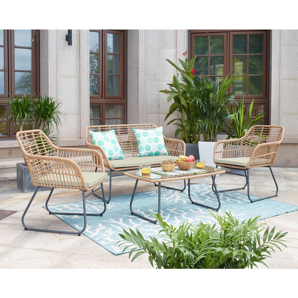  Antibes 2.0 Steel Rattan 4-Piece Patio Conversation Set with Cushions in Cream By Manhattan Comfort 