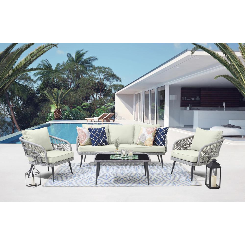  Riviera Rope Wicker 4-Piece 5 Seater Patio Conversation Set w/ Cushions in Cream By Manhattan Comfort 