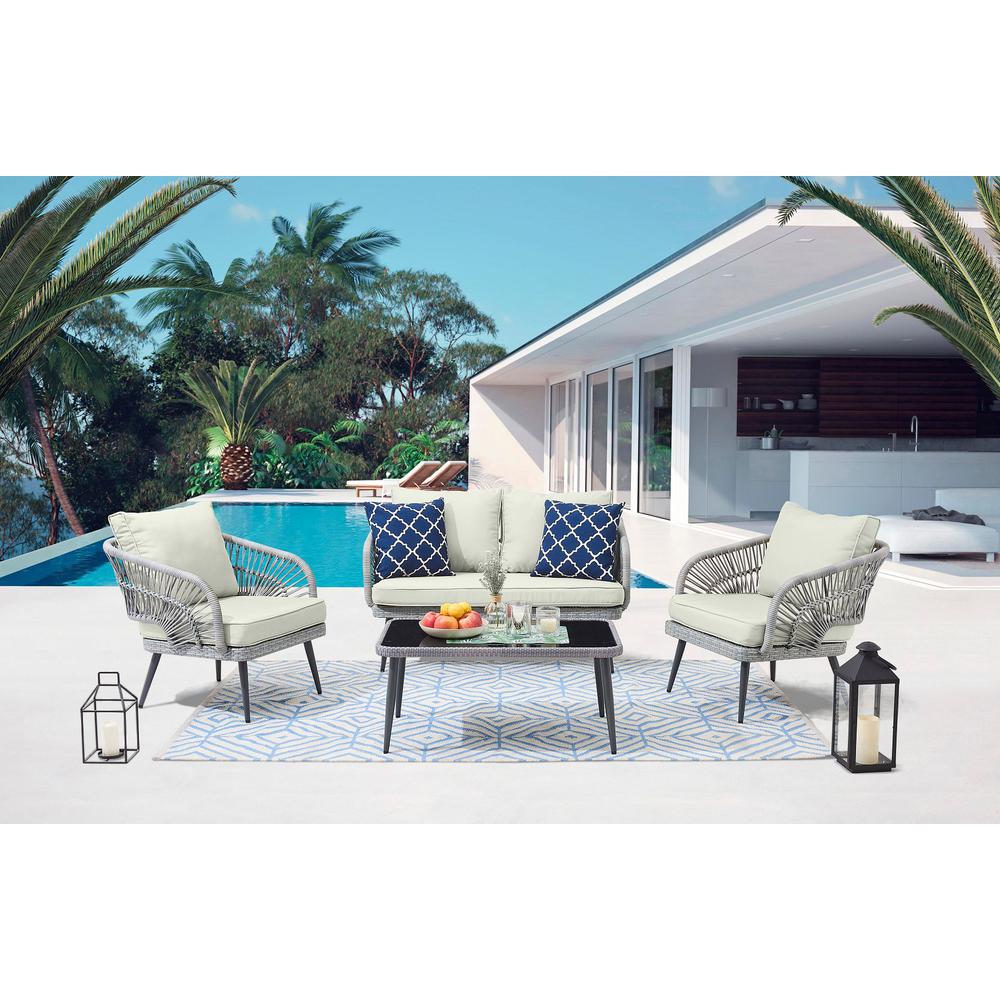  Riviera Rope Wicker 4-Piece 4 Seater Patio Conversation Set w/ Cushions in Cream By Manhattan Comfort 