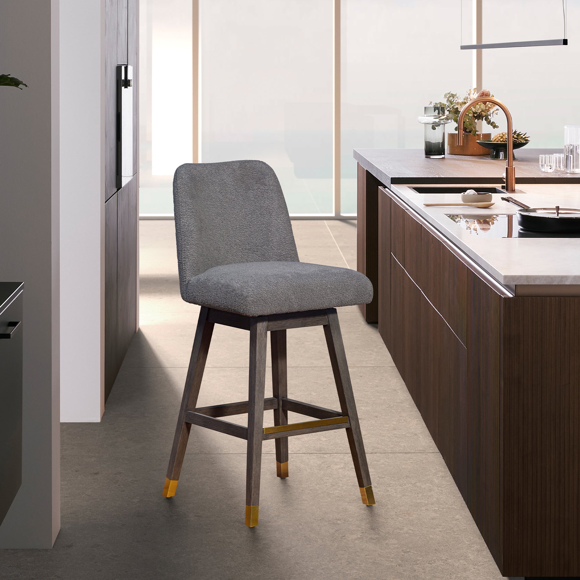  Amalie Swivel Counter Stool in Grey Oak Wood Finish with Grey Boucle Fabric By Armen Living 