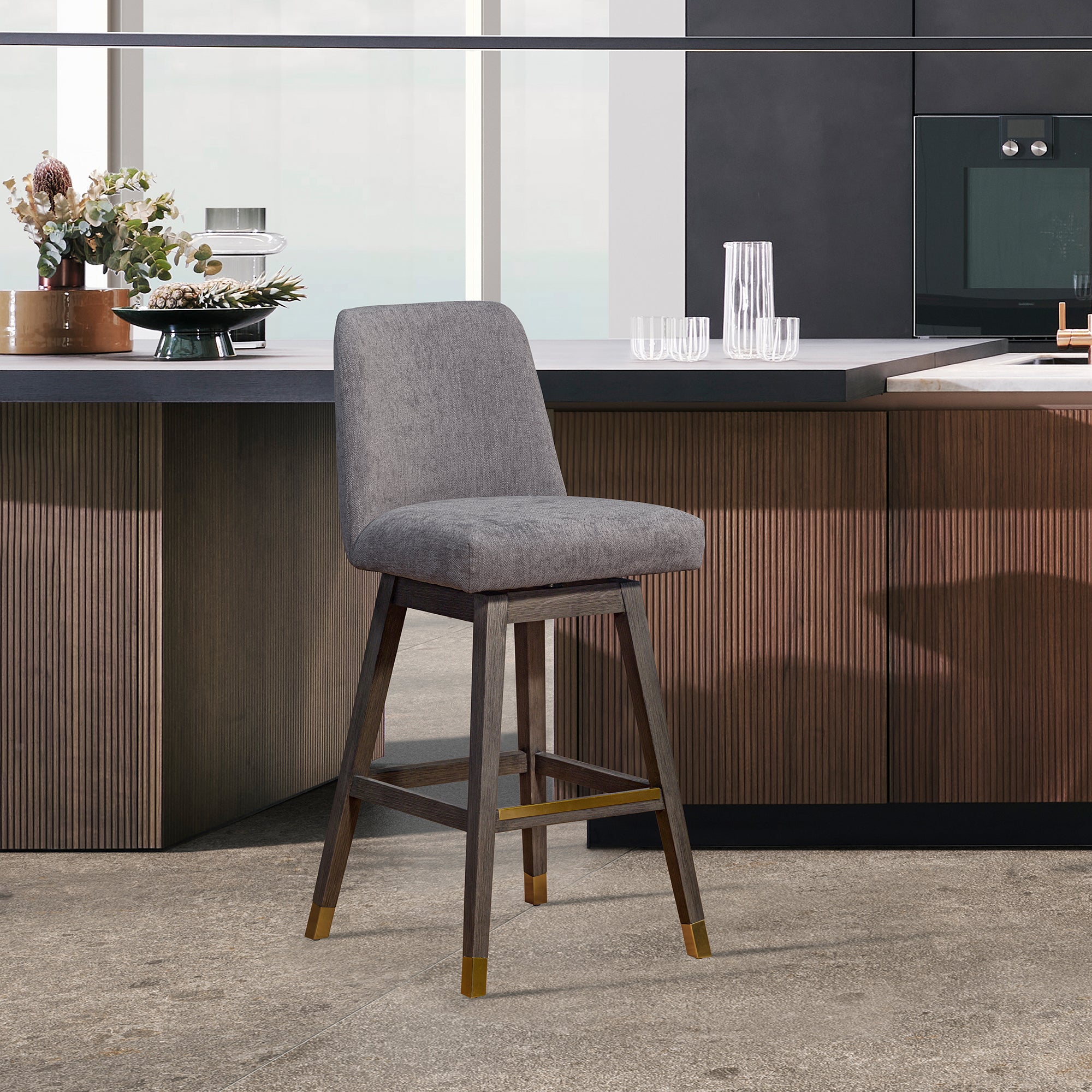  Amalie Swivel Counter Stool in Grey Oak Wood Finish with Mocha Fabric By Armen Living 