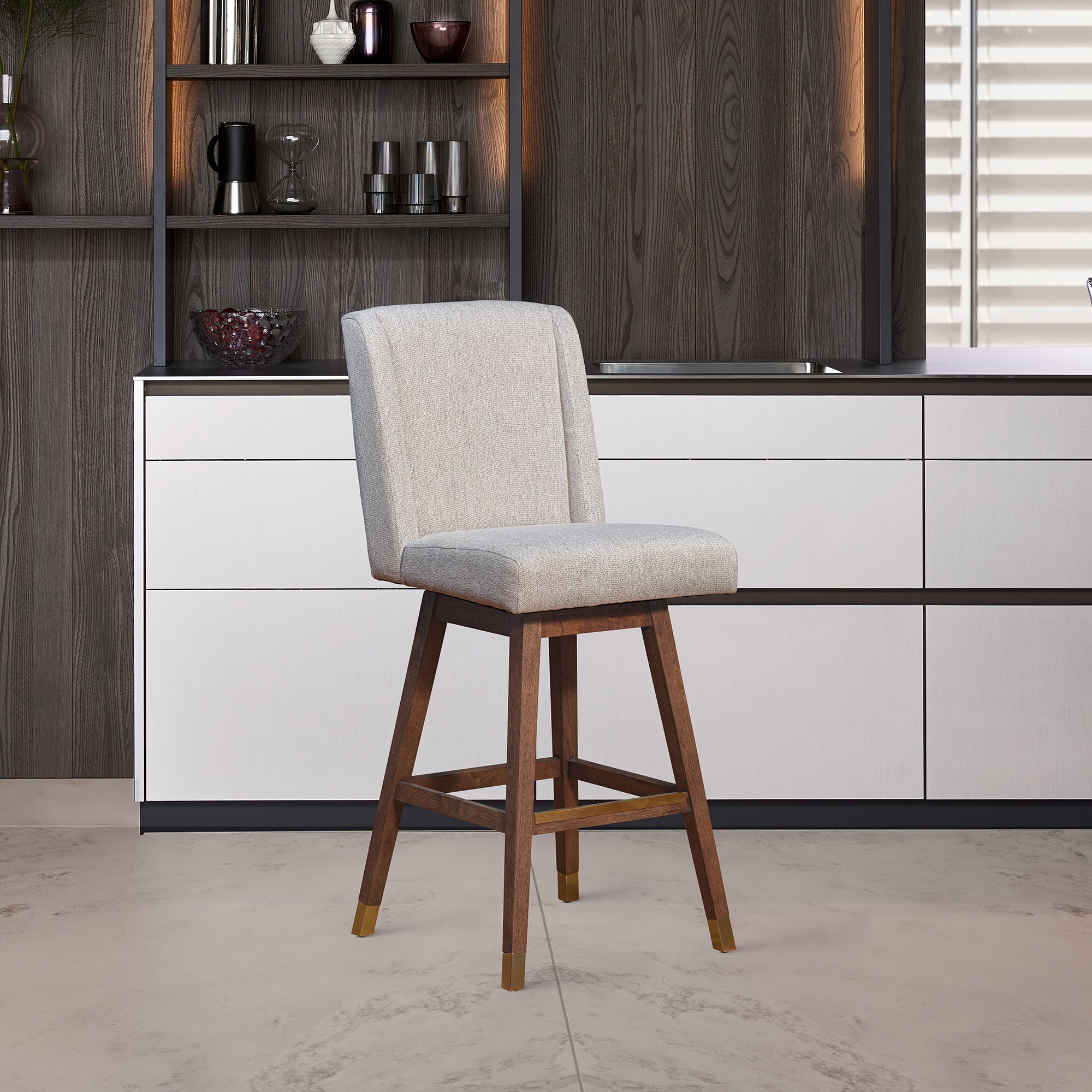  Stancoste Swivel Counter Stool in Brown Oak Wood Finish with Taupe Fabric By Armen Living 