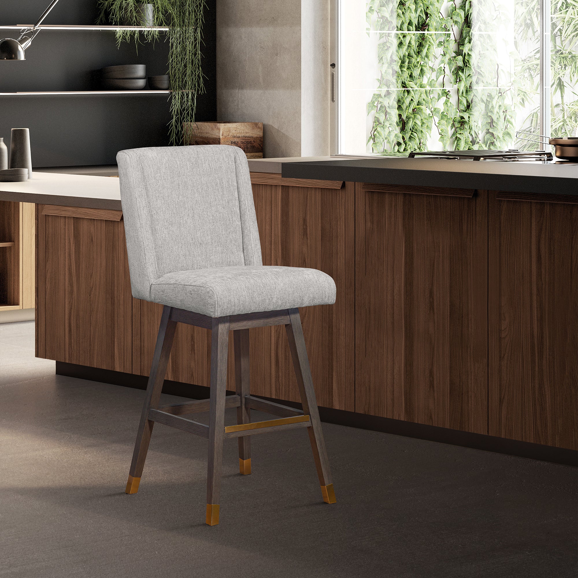  Stancoste Swivel Counter Stool in Grey Oak Wood Finish with Mocha Fabric By Armen Living 