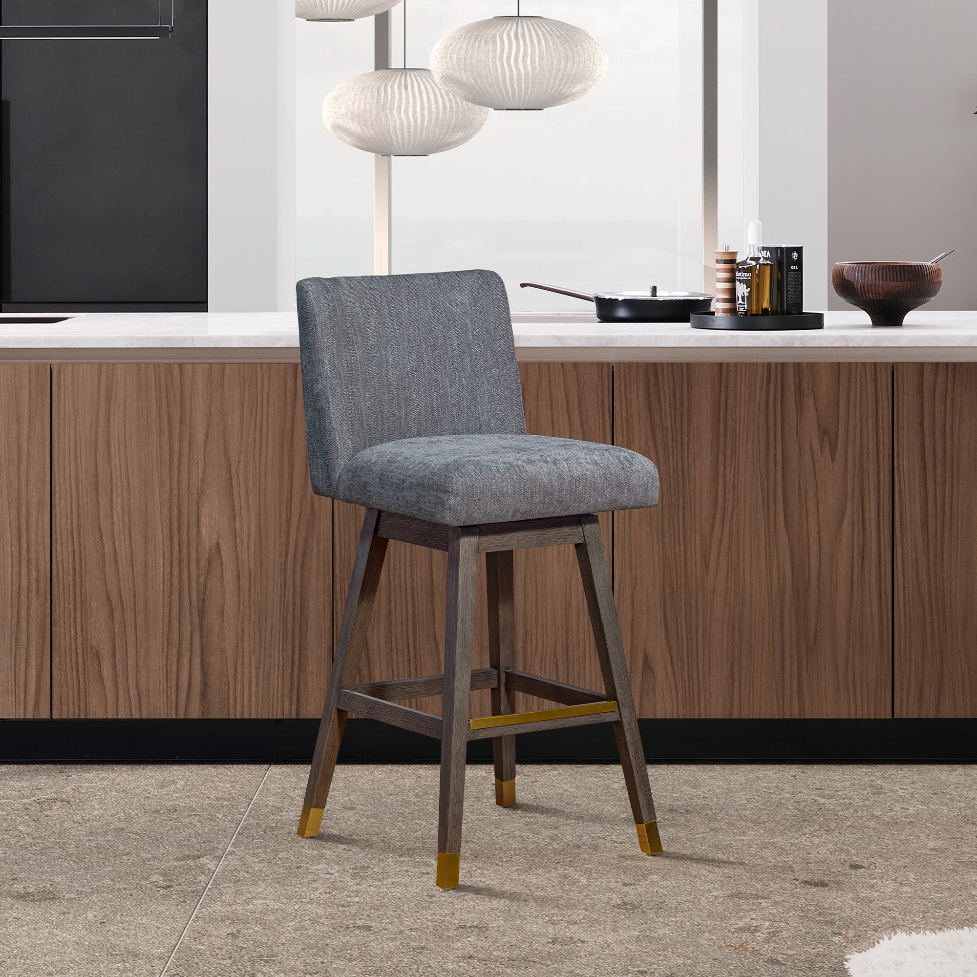  Basila Swivel Counter Stool in Grey Oak Wood Finish with Grey Fabric By Armen Living 