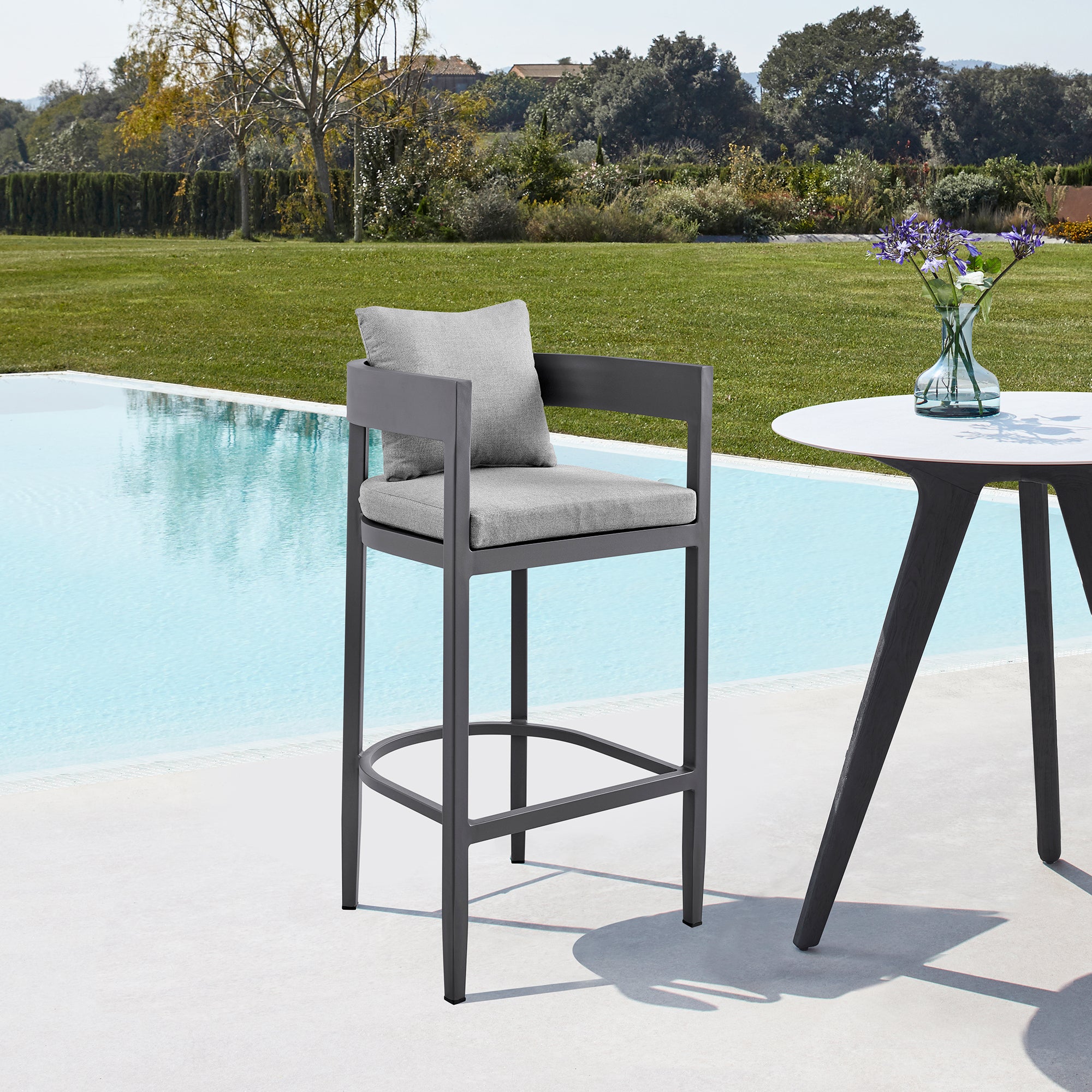  Argiope Outdoor Patio Counter Height Bar Stool in Aluminum with Grey Cushions By Armen Living 