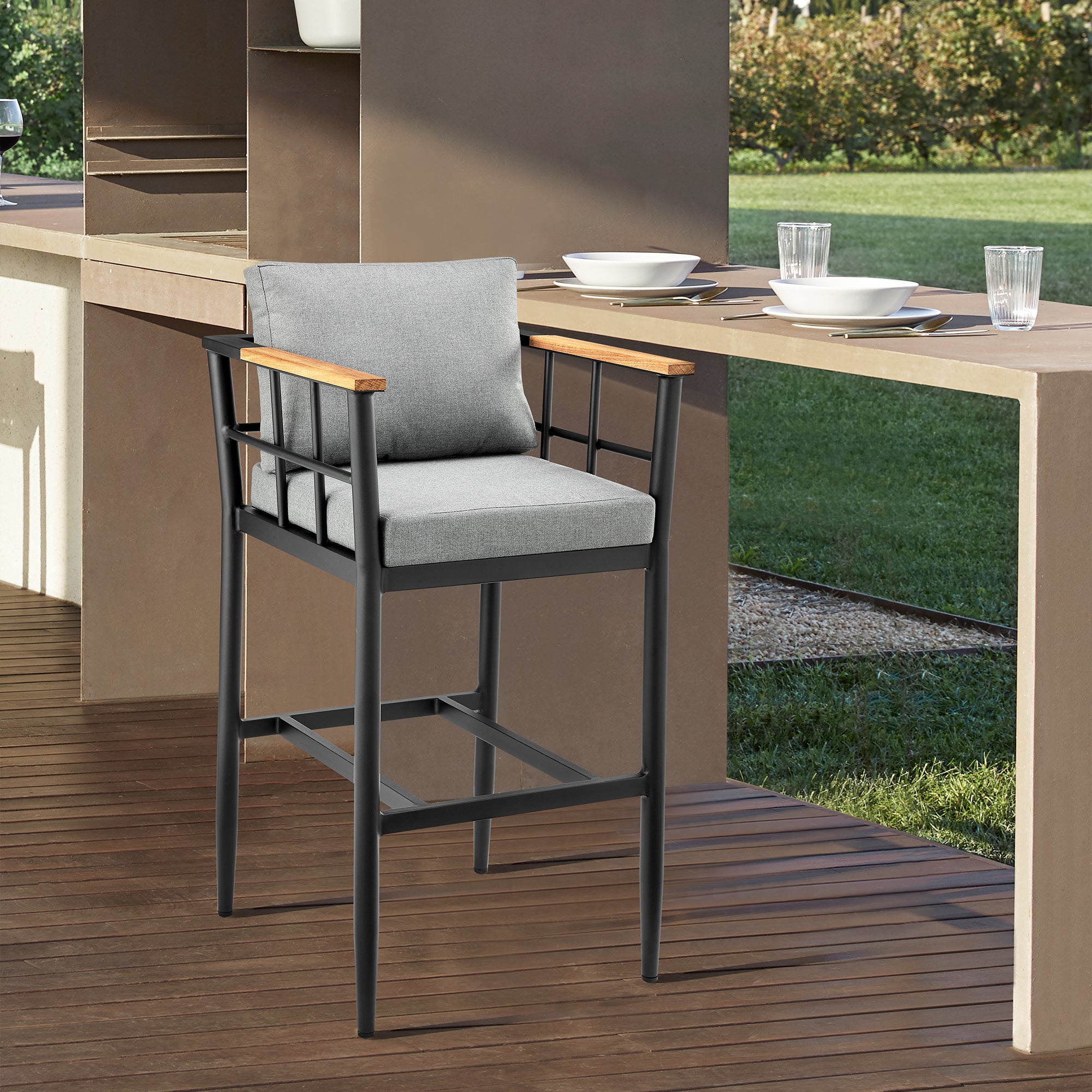  Wiglaf Outdoor Patio Counter Height Bar Stool in Aluminum and Teak with Grey Cushions By Armen Living 