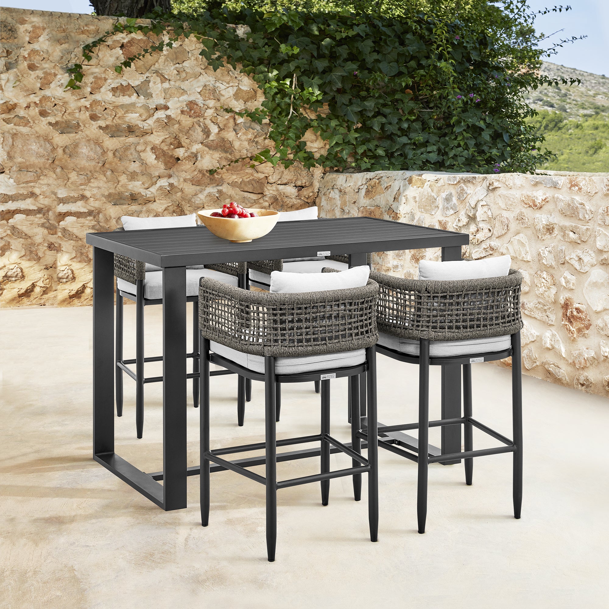  Felicia Outdoor Patio 5-Piece Bar Table Set in Aluminum with Grey Rope and Cushions By Armen Living 