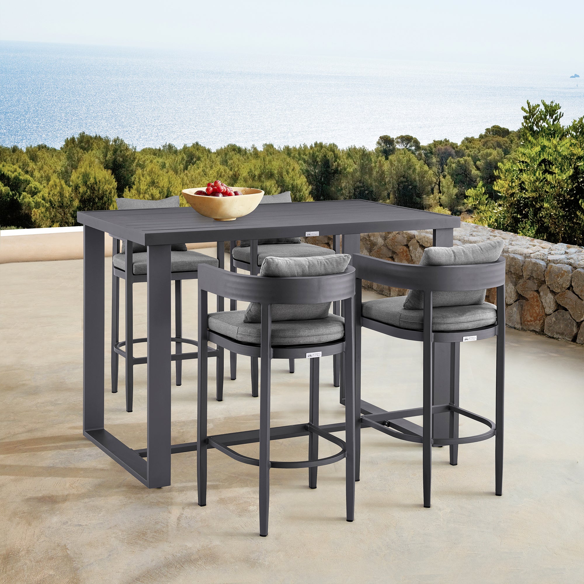  Argiope Outdoor Patio 5-Piece Bar Table Set in Aluminum with Grey Cushions By Armen Living 