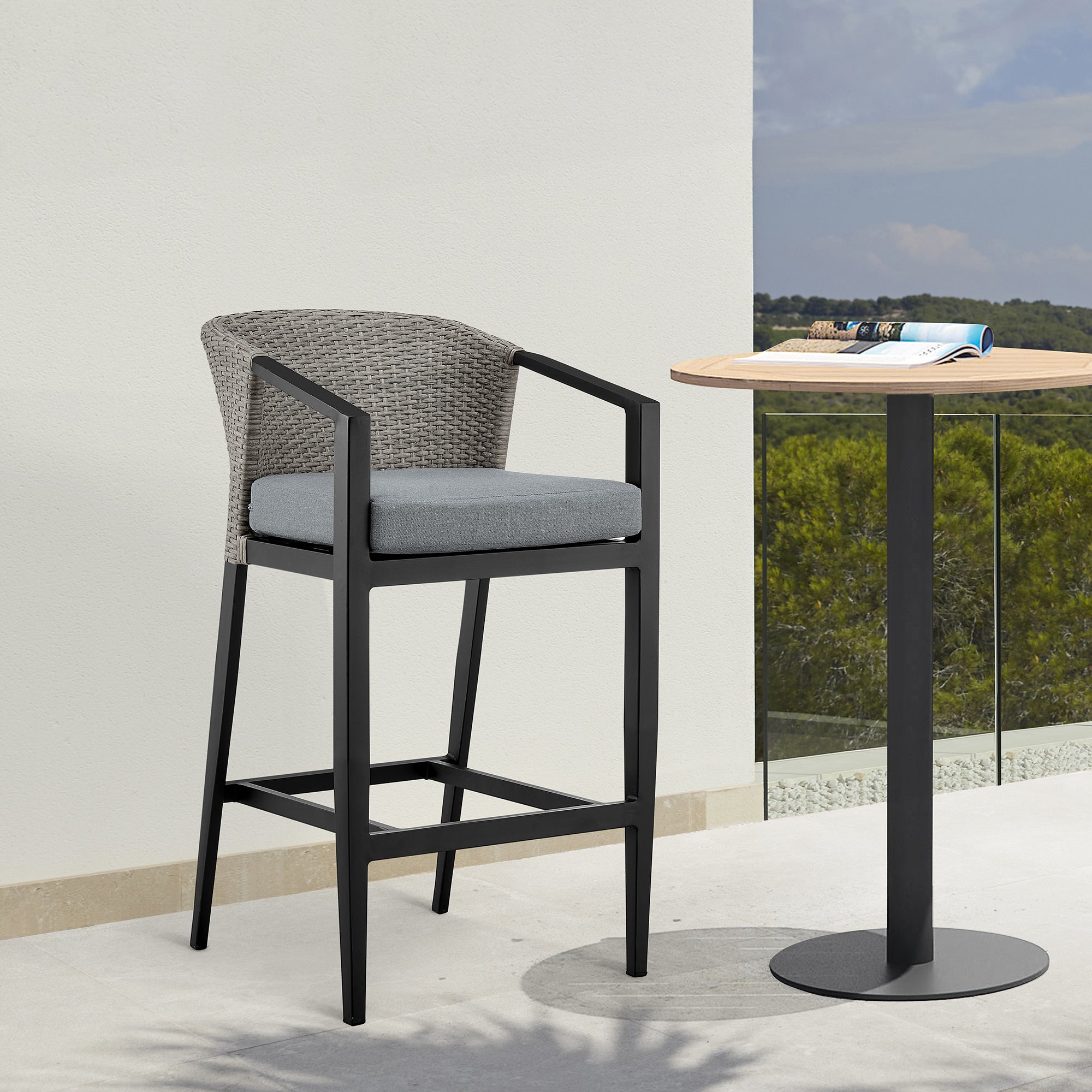  Aileen Outdoor Patio Counter Height Bar Stool in Aluminum and Wicker with Grey Cushions By Armen Living 