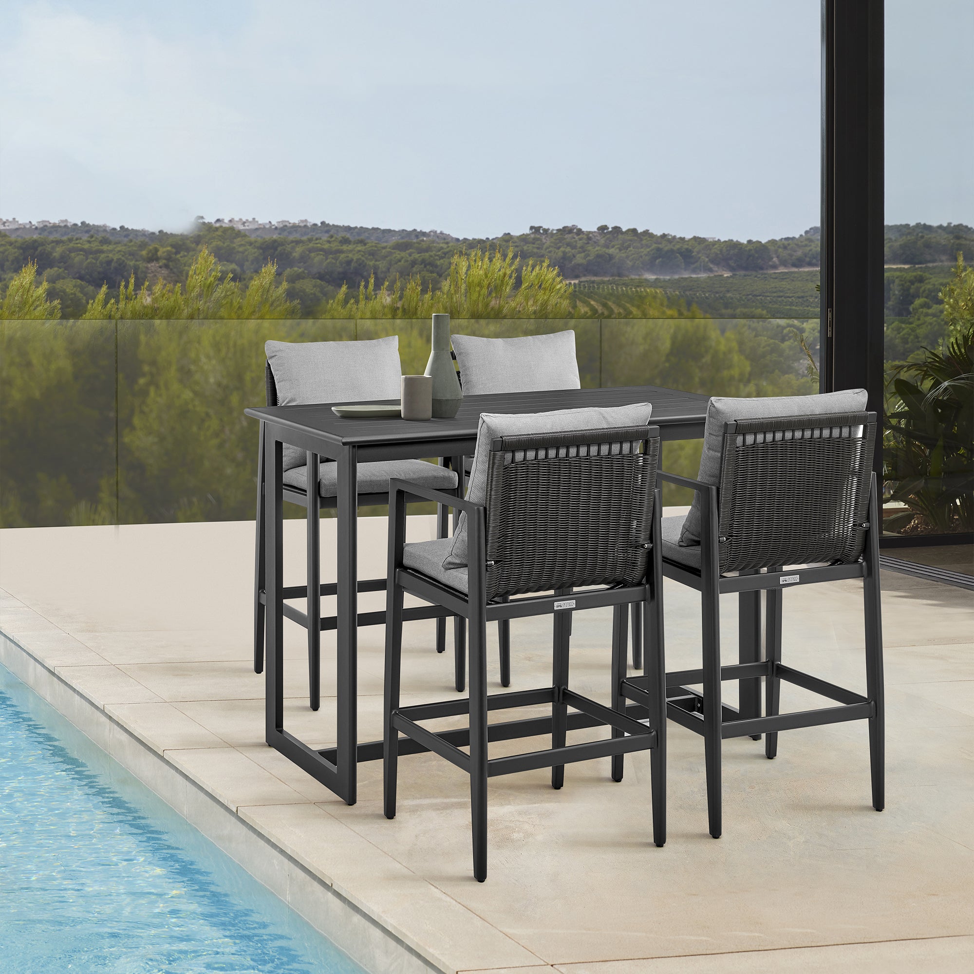  Grand Outdoor Patio 5-Piece Bar Table Set in Aluminum with Grey Cushions By Armen Living 