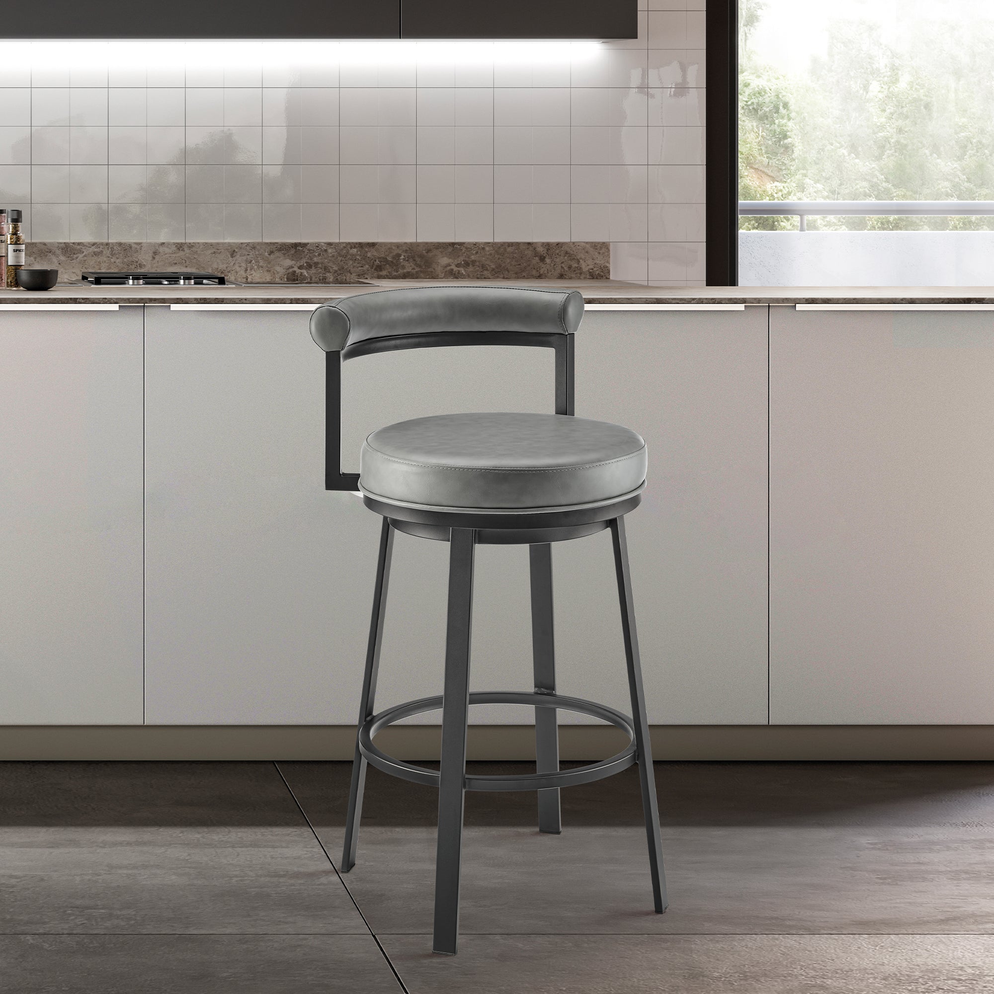  Neura Swivel Counter or Bar Stool in Black Finish with Grey Faux Leather By Armen Living 