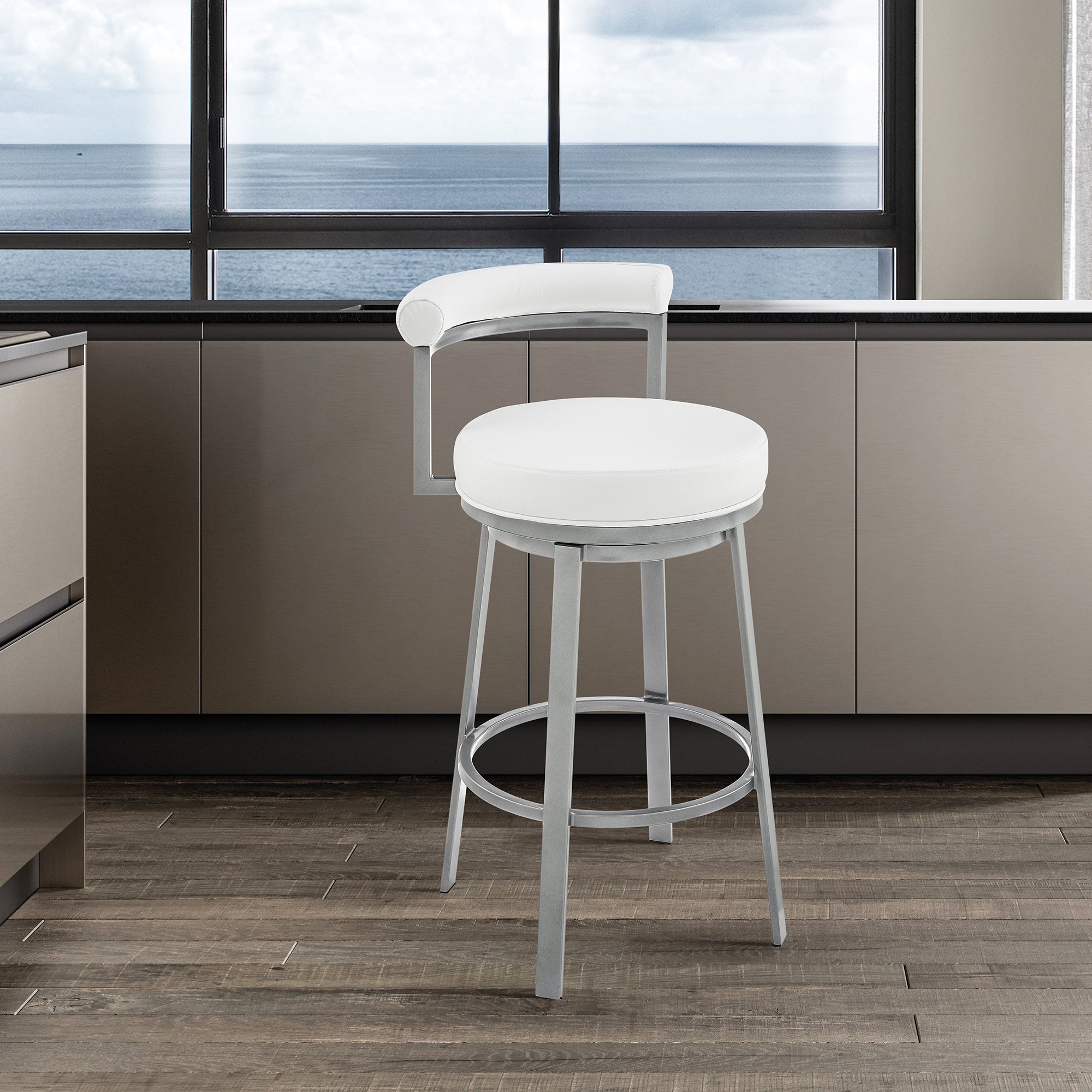  Neura Swivel Counter or Bar Stool in Cloud Finish with White Faux Leather By Armen Living 