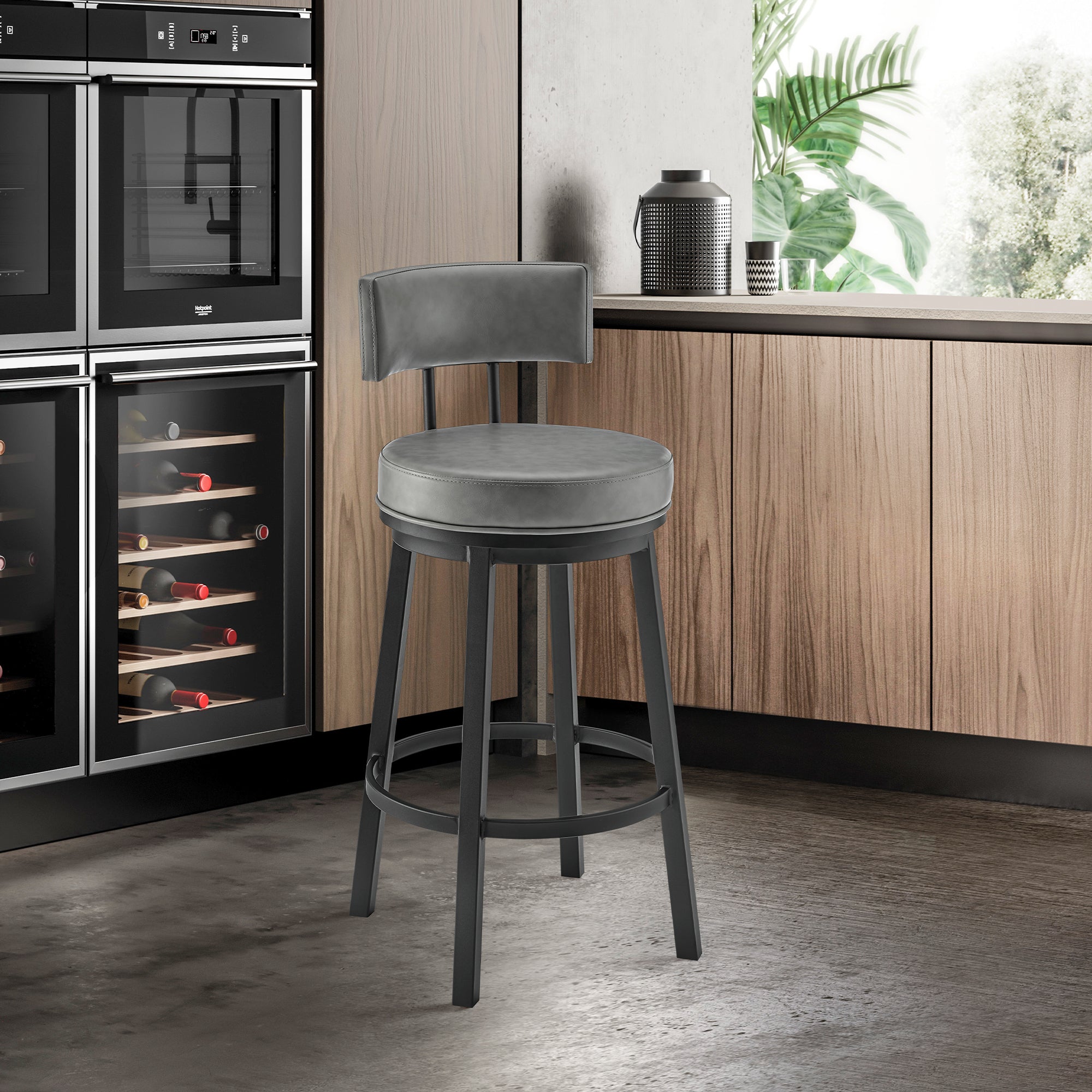  Dalza Swivel Counter or Bar Stool in Black Finish with Grey Faux Leather By Armen Living 