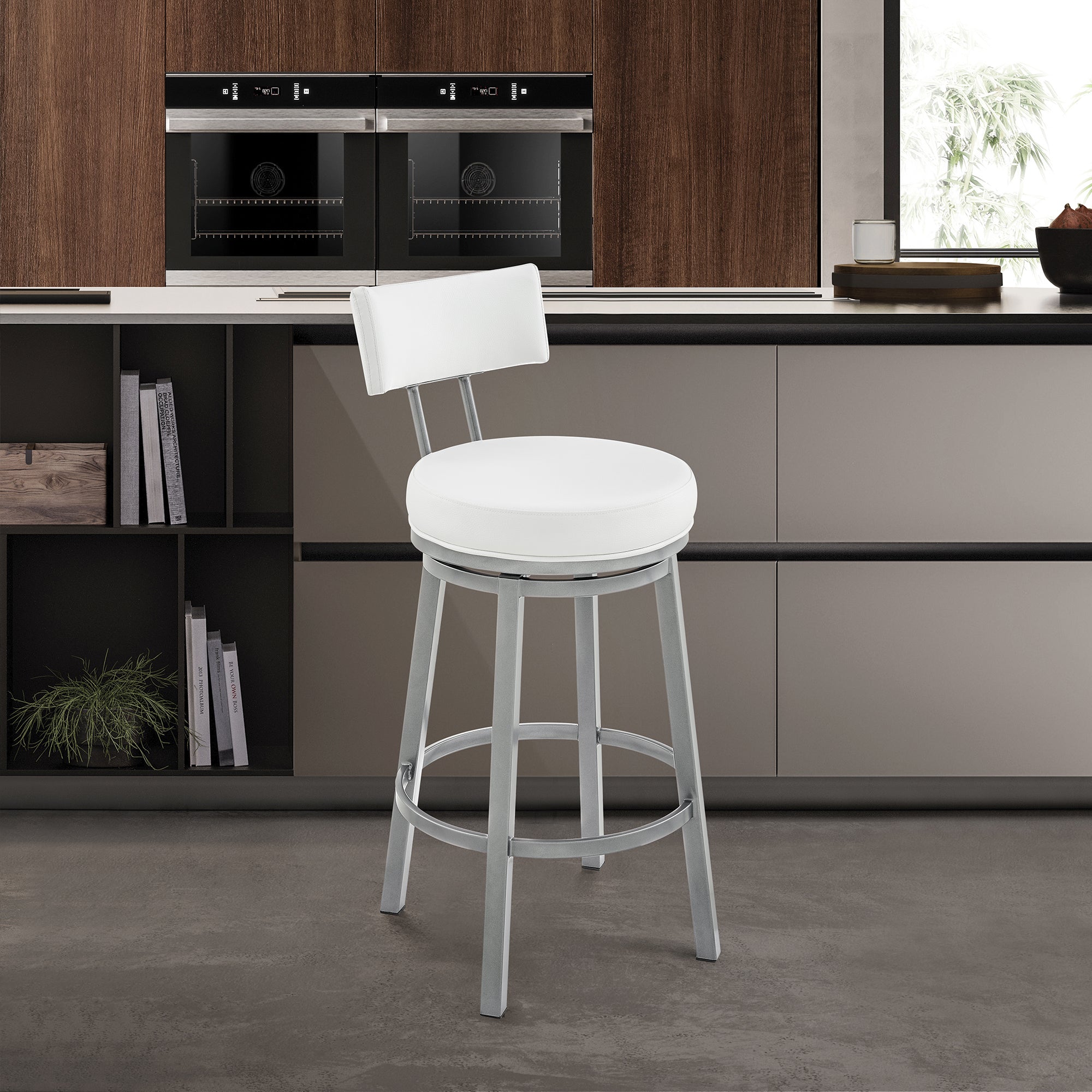  Dalza Swivel Counter or Bar Stool in Cloud Finish with White Faux Leather By Armen Living 