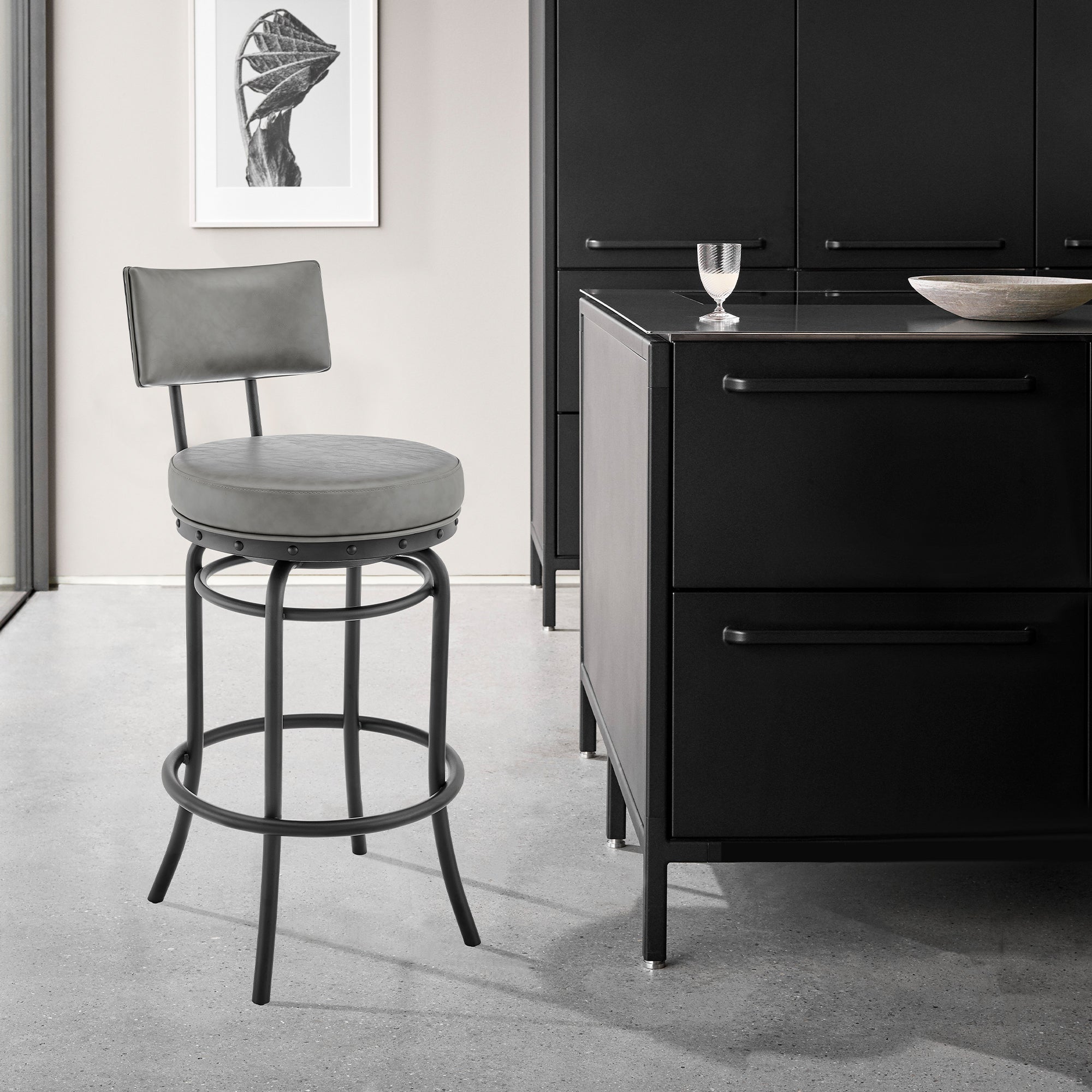  Rees Swivel Counter or Bar Stool in Black Finish with Grey Faux Leather By Armen Living 