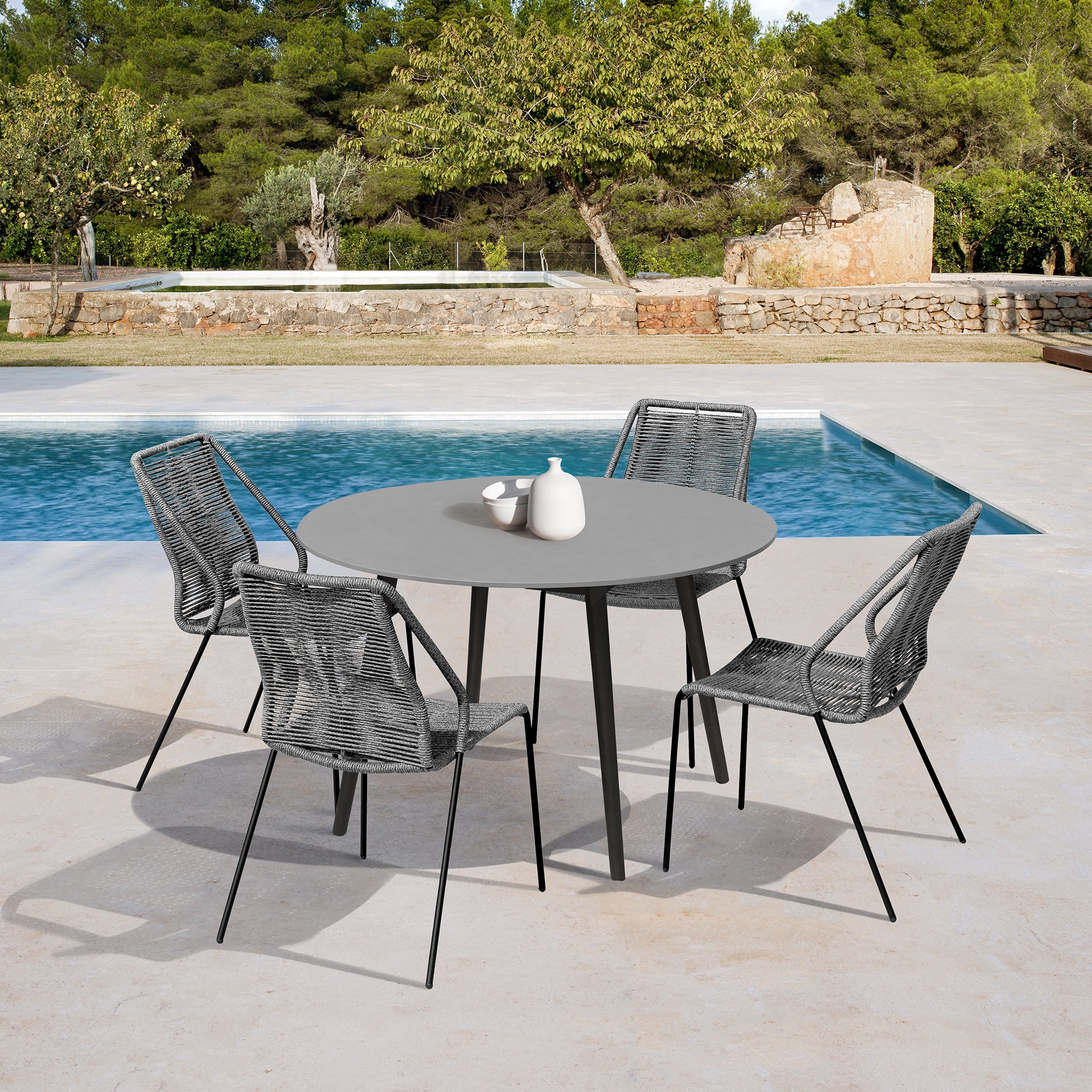  Sydney and Clip Outdoor Patio 5 Piece Dining Set in Grey Rope with Black Eucalyptus Wood By Armen Living 