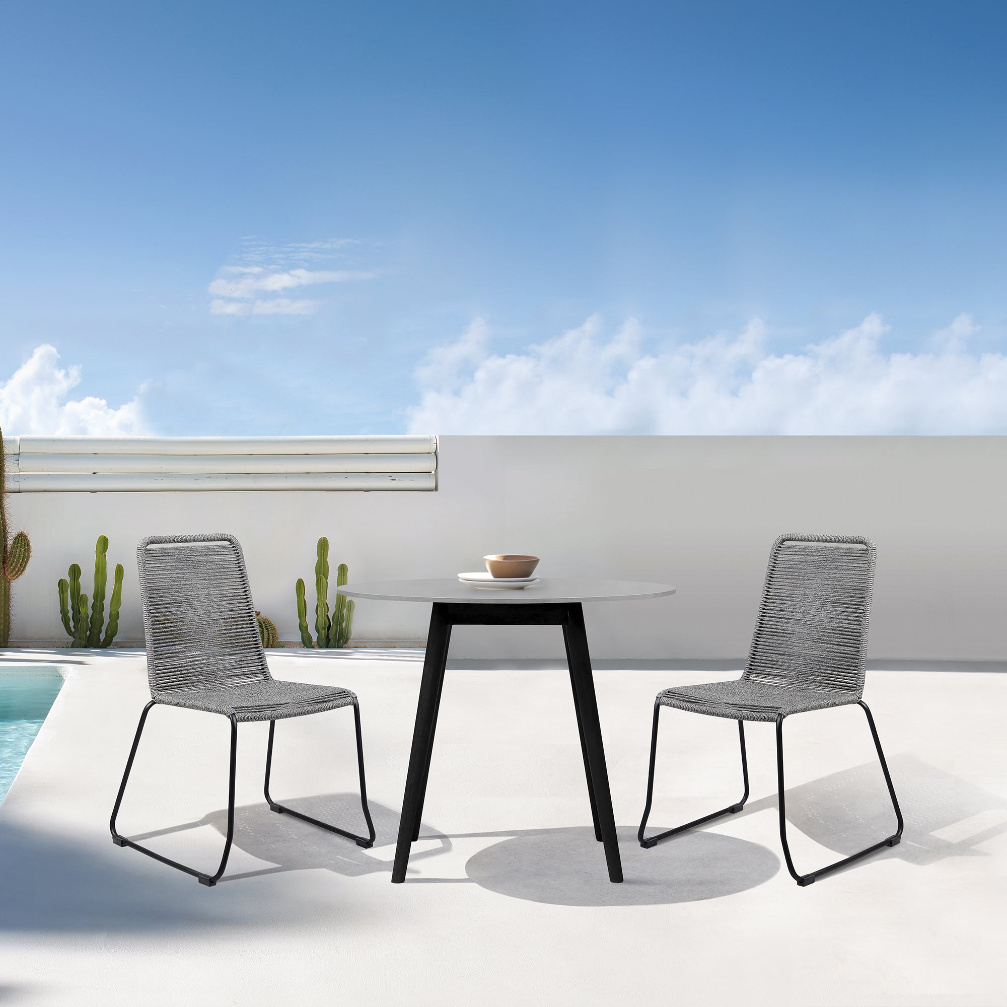  Sydney and Shasta 3 Piece Outdoor Patio 36" Dining Set in Black Eucalyptus Wood and Grey Rope By Armen Living 