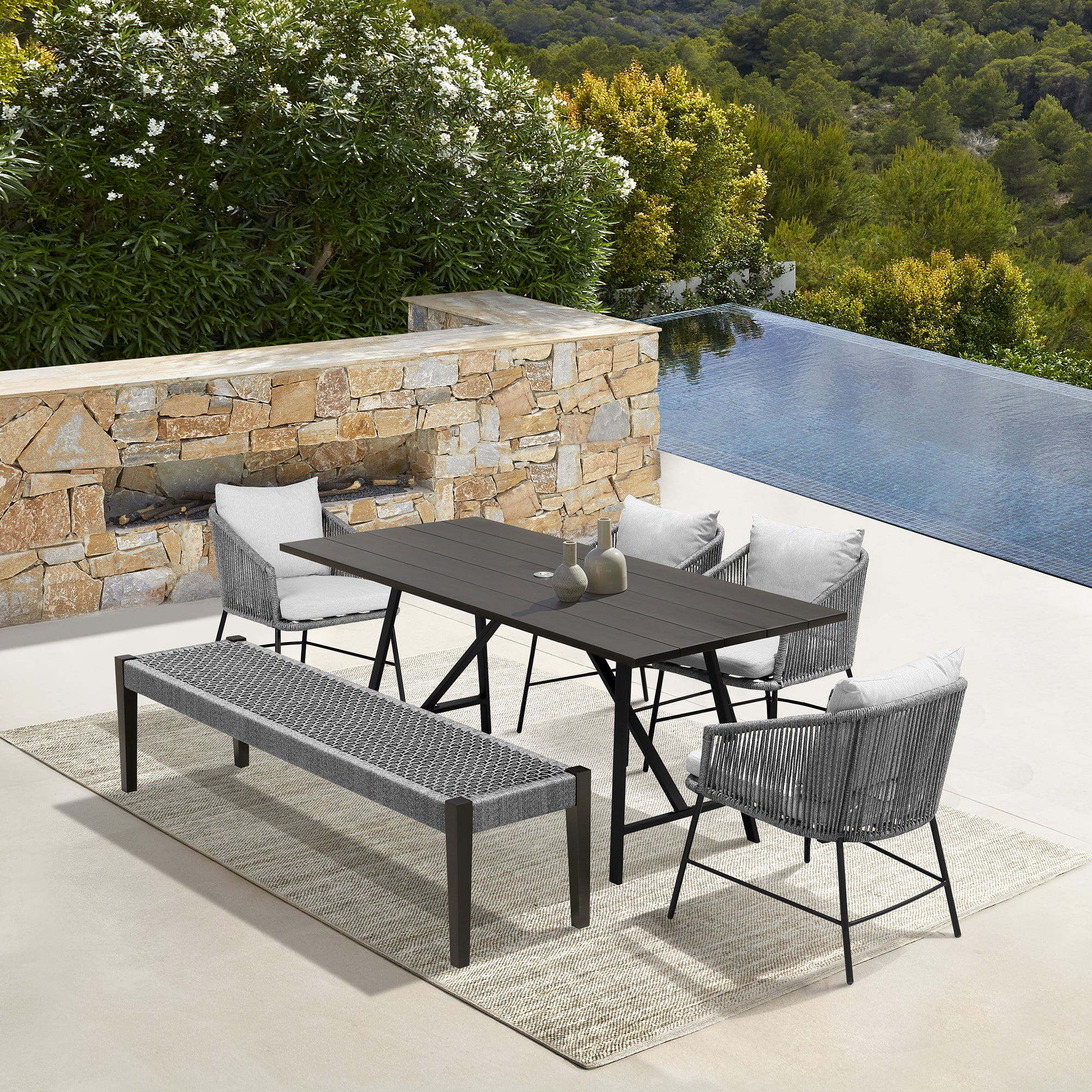  Koala Calica and Camino 6 Piece Outdoor Dining Set with Dark Eucalyptus Wood and Grey Rope and Cushions By Armen Living 