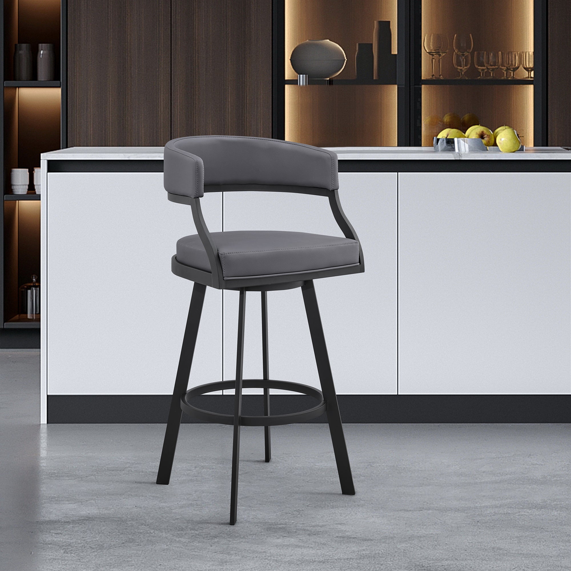  Dione 26" Counter Height Swivel Grey Faux Leather and Black Metal Bar Stool By Armen Living 