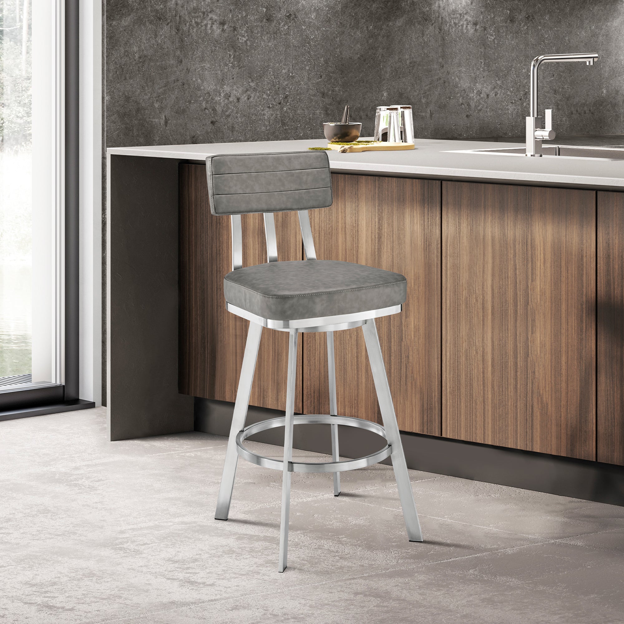  Jinab Swivel Counter Stool in Brushed Stainless Steel with Grey Faux Leather By Armen Living 