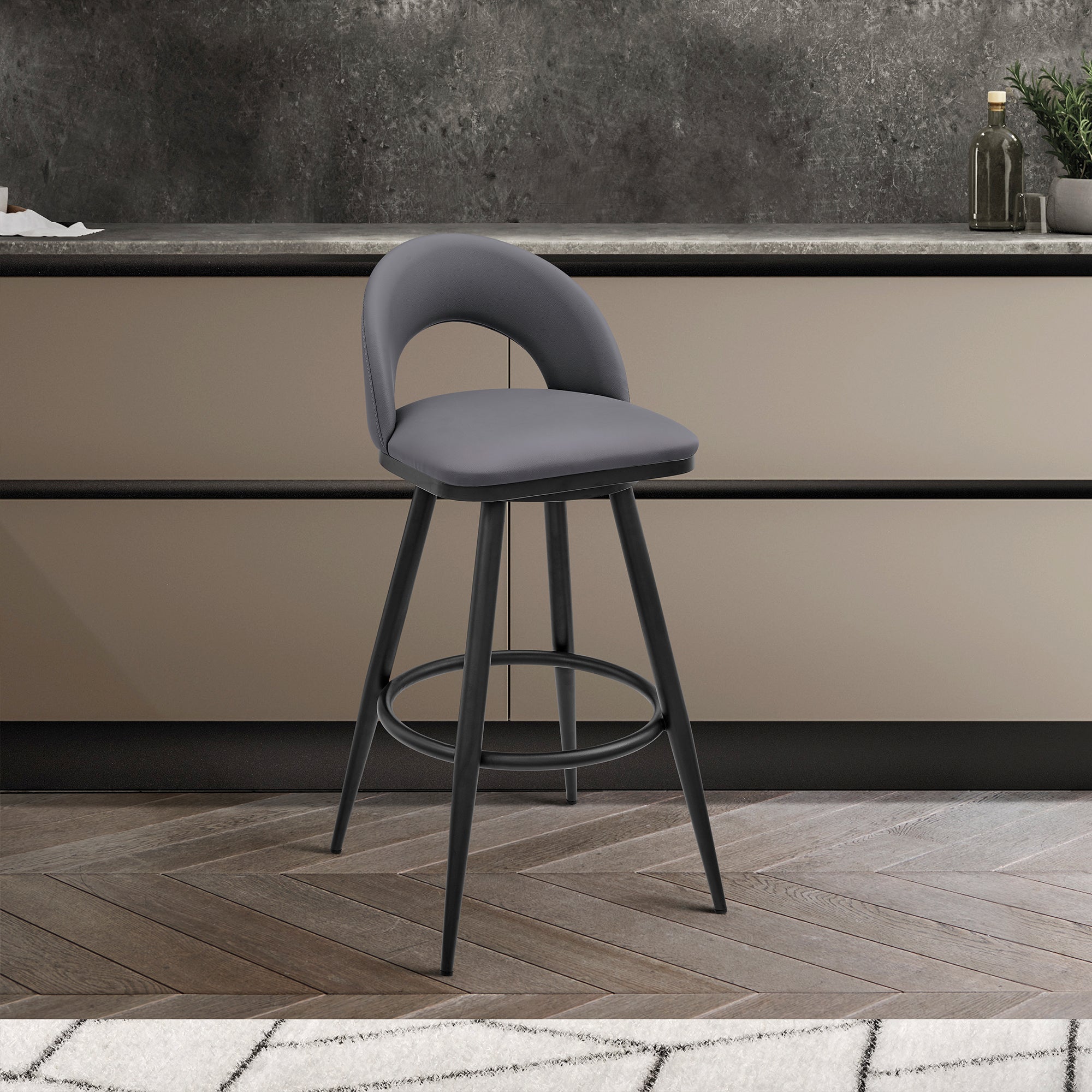  Lottech Swivel Counter Stool in Black Metal and Grey Faux Leather By Armen Living 