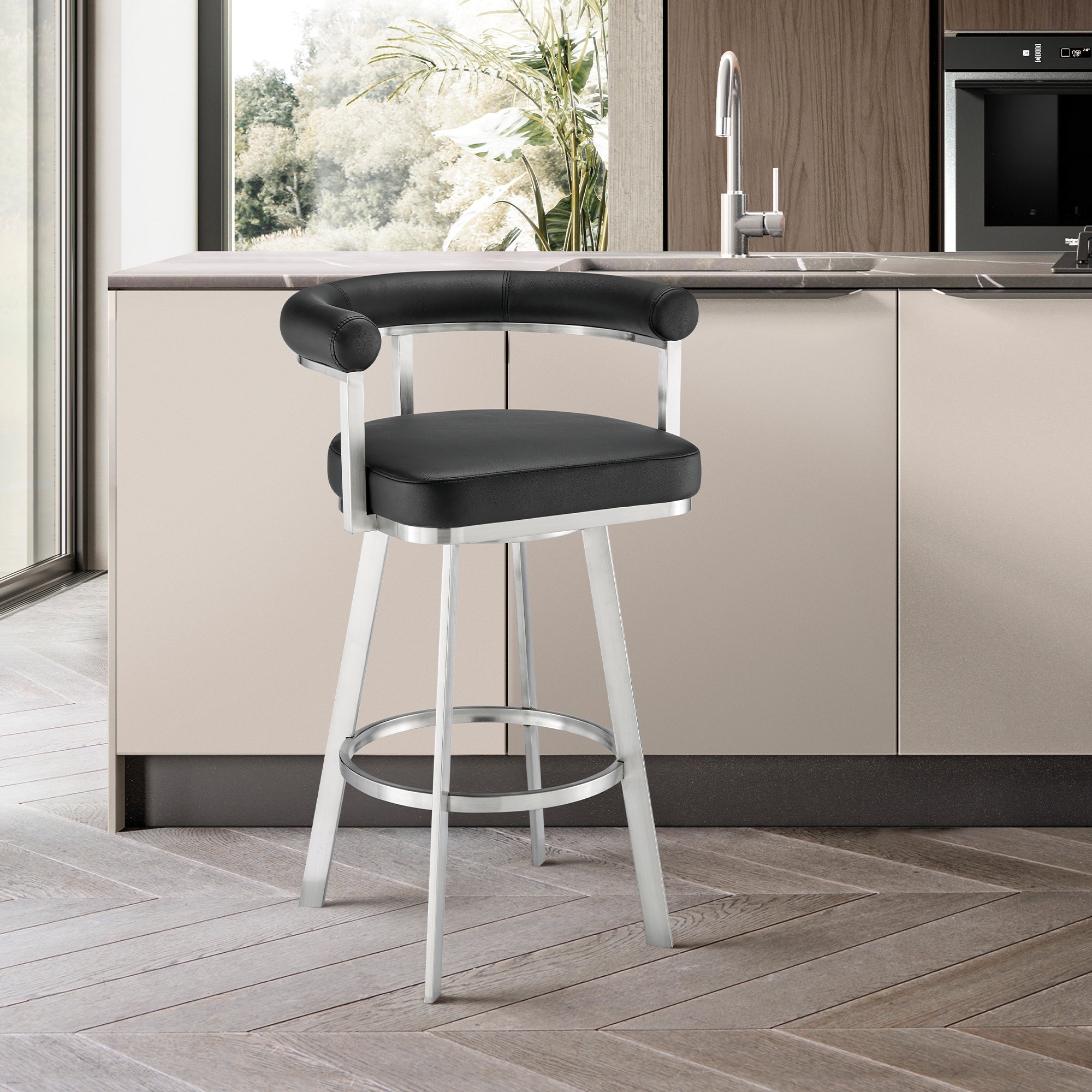  Nolagam Swivel Counter Stool in Brushed Stainless Steel with Black Faux Leather By Armen Living 