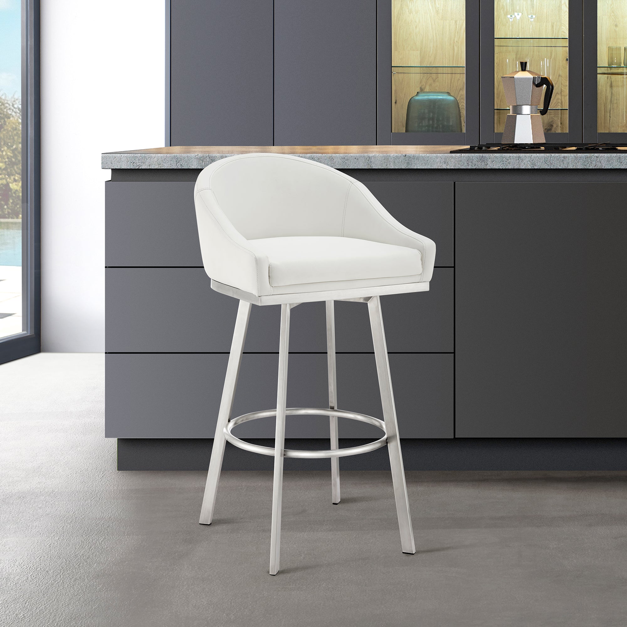  Noran Swivel Counter Stool in Brushed Stainless Steel with White Faux Leather By Armen Living 