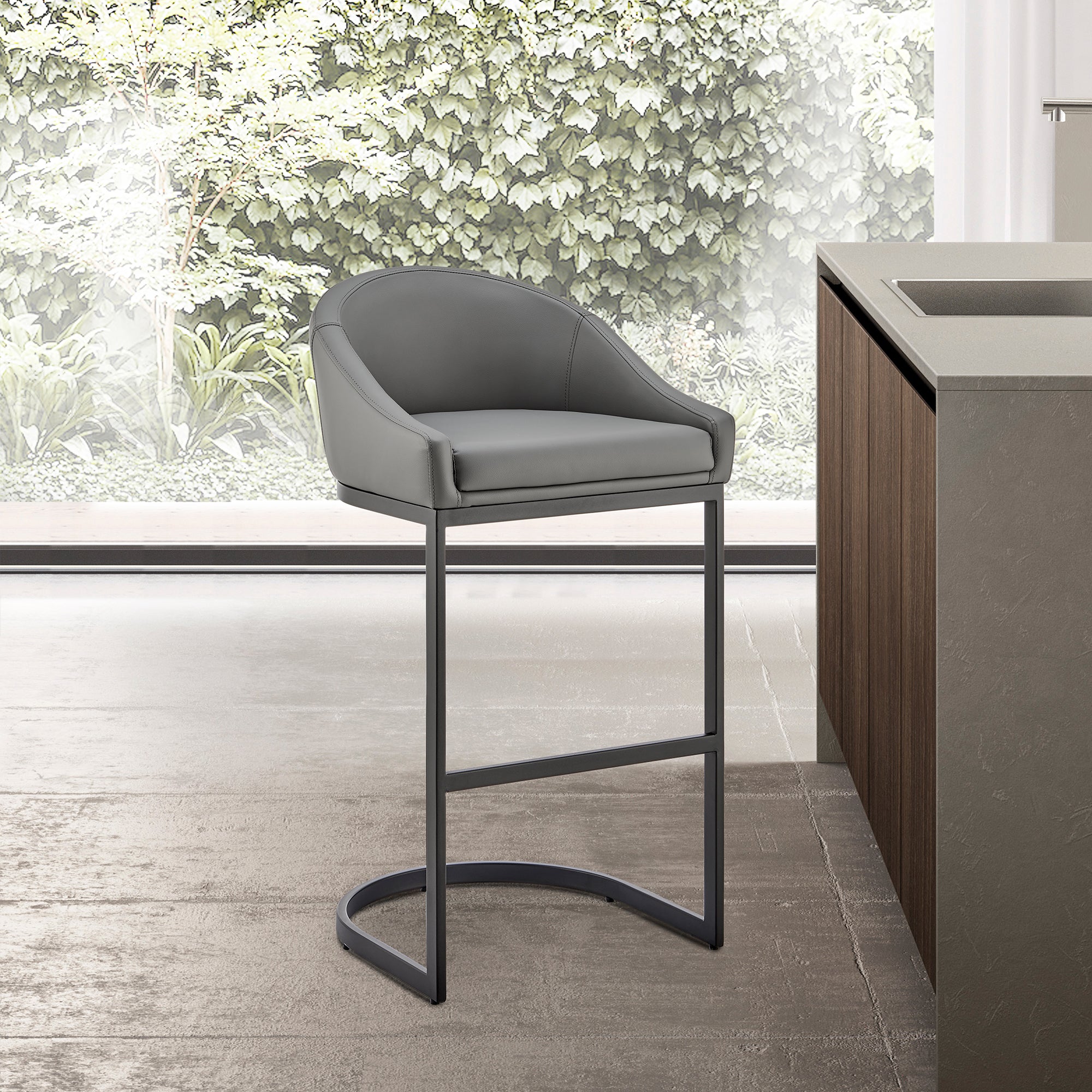  Atherik Counter Stool in Black Metal with Grey Faux Leather By Armen Living 