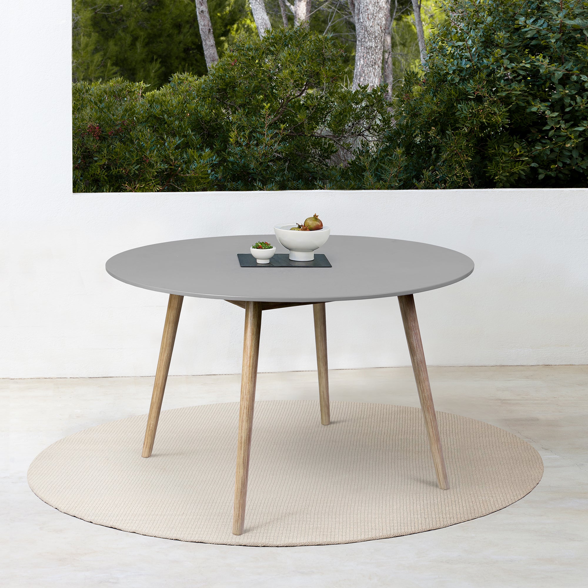  Sydney Outdoor Patio Round Dining Table in Light Eucalyptus and Grey Stone By Armen Living 