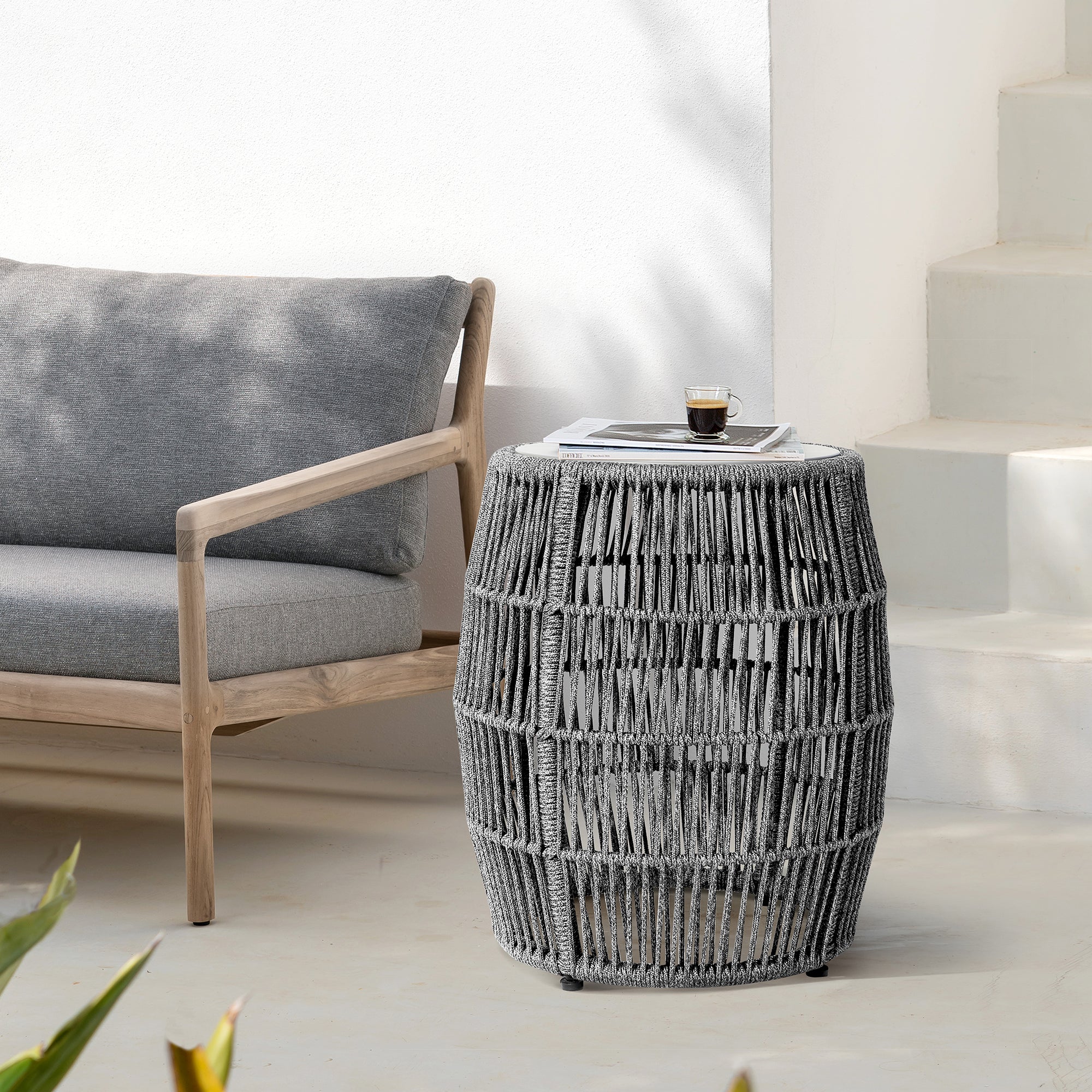  Emory Indoor Outdoor Garden Stool End Table in Grey Rope and Grey Stone By Armen Living 