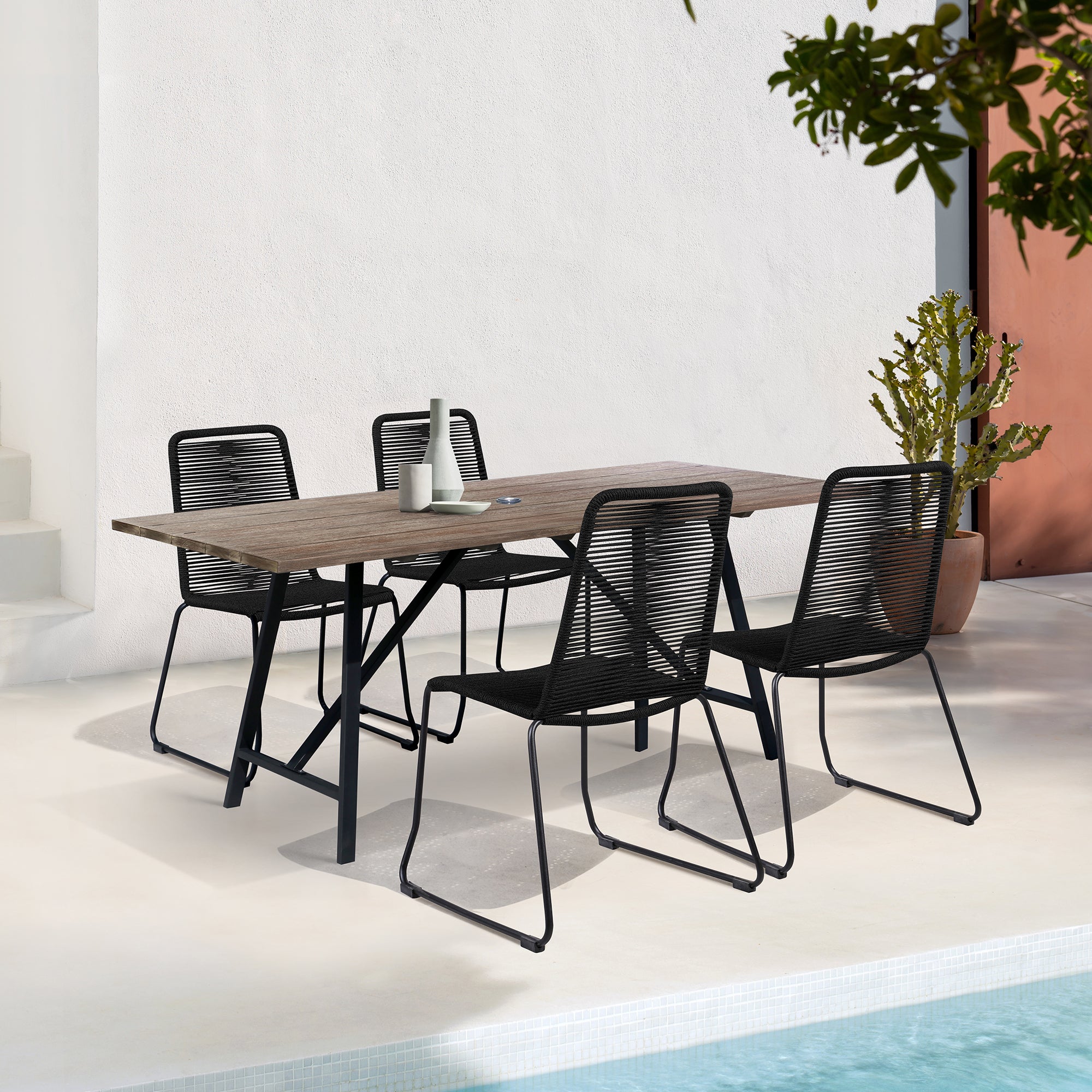  Koala and Shasta 5 Piece Outdoor Patio Dining Set in Light Eucalyptus Wood and Black Rope By Armen Living 