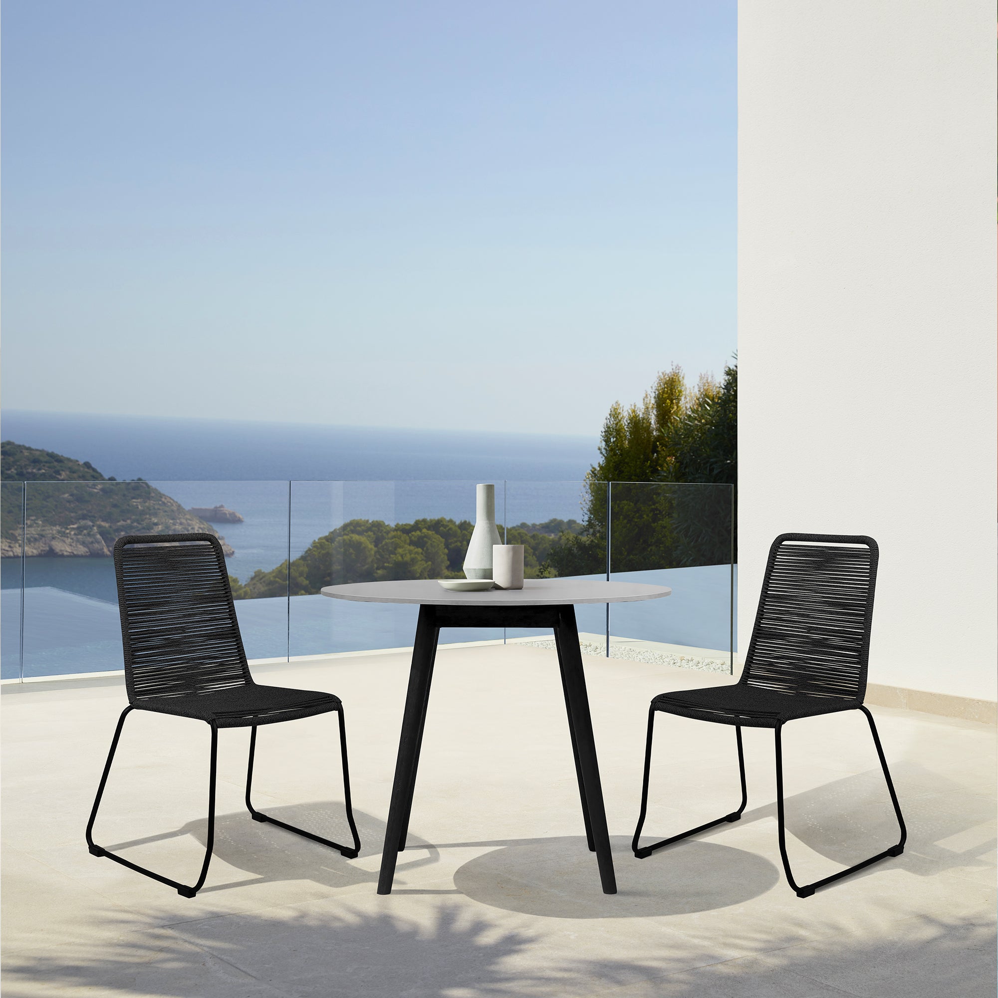  Sydney and Shasta 3 Piece Outdoor Patio 36" Dining Set in Black Eucalyptus Wood and Black Rope By Armen Living 