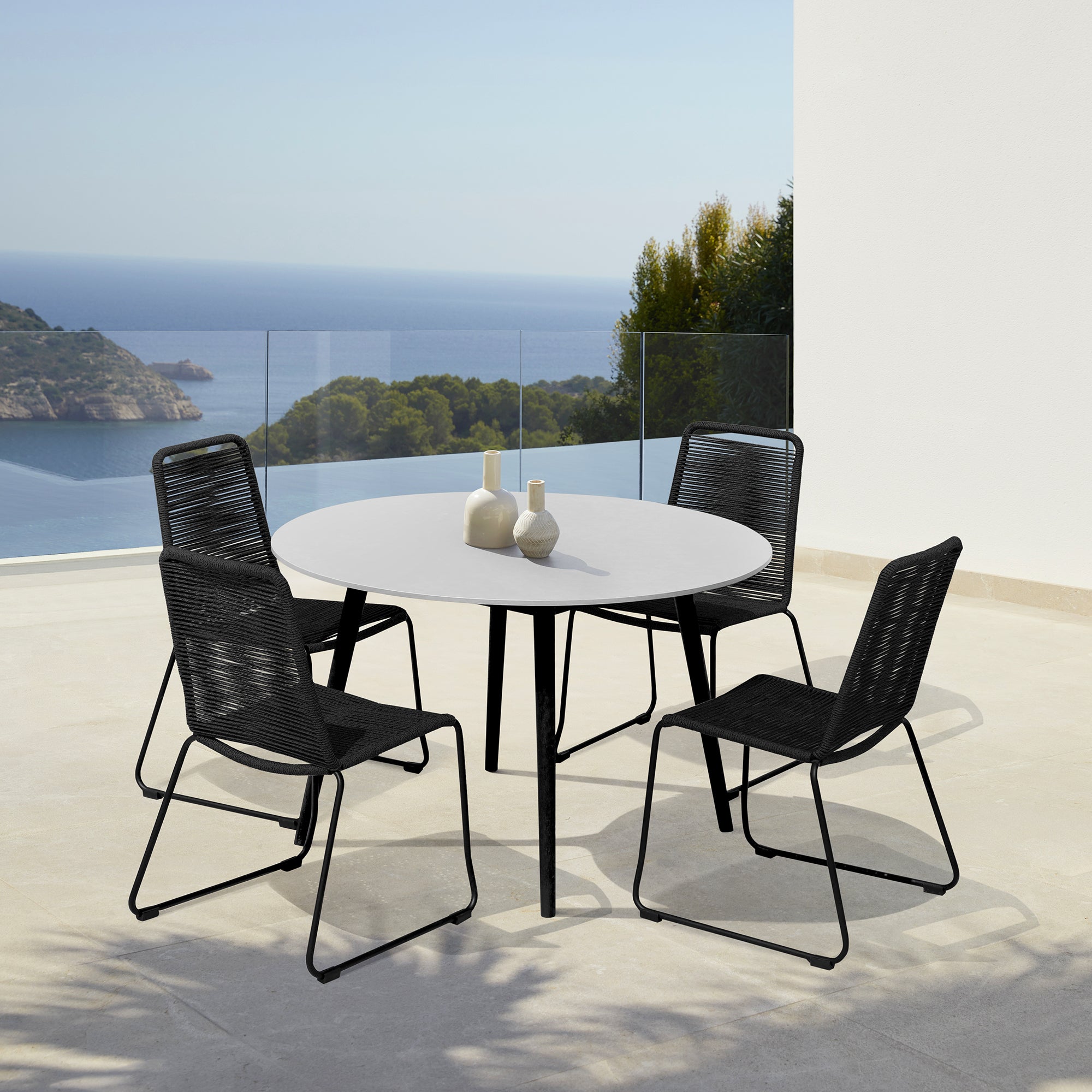  Sydney and Shasta 5 Piece Patio Outdoor Dining Set in Black Rope with Black Eucalyptus Wood By Armen Living 