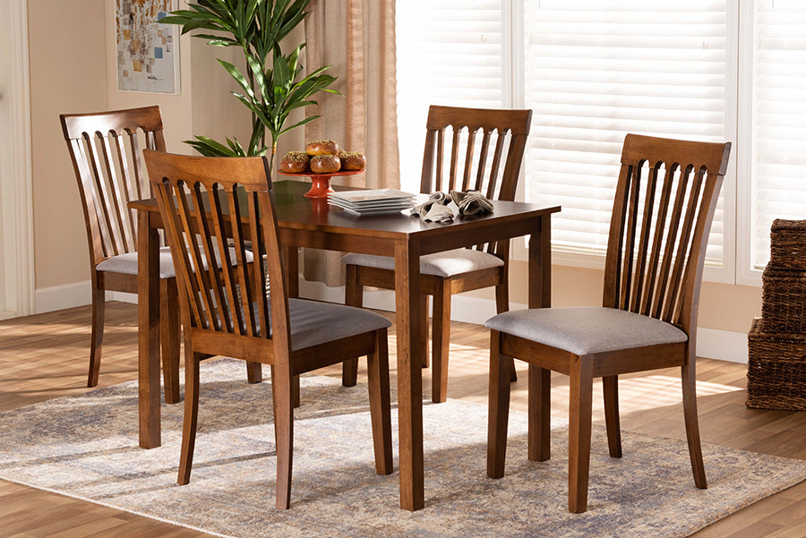 Baxton Studio Seda Modern and Contemporary Grey Fabric Upholstered and Walnut Brown Finished Wood 5-Piece Dining Set | Modishstore | Dining Sets