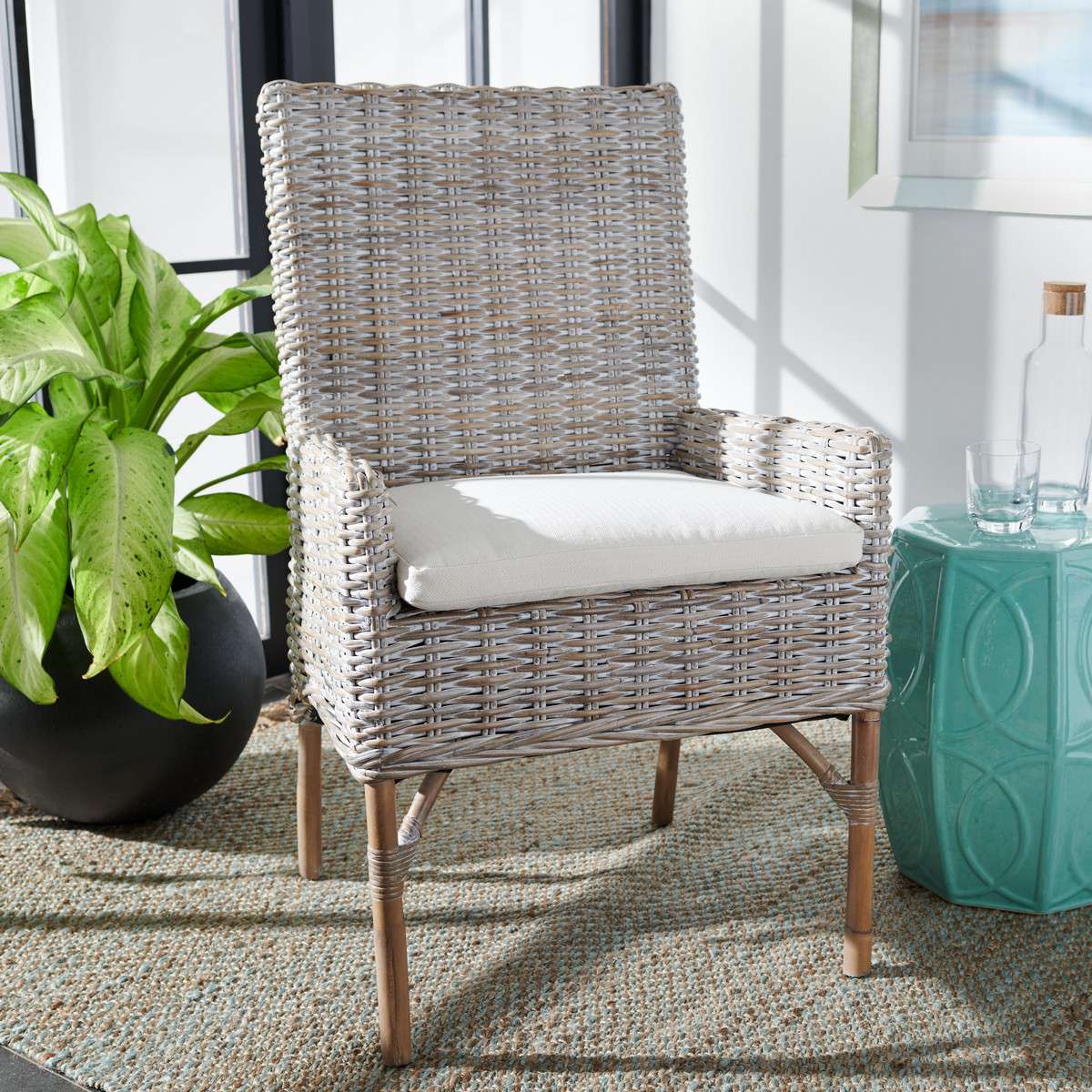  Safavieh Nancy Rattan Accent Chair W/ Cushion - Gray White Wash 