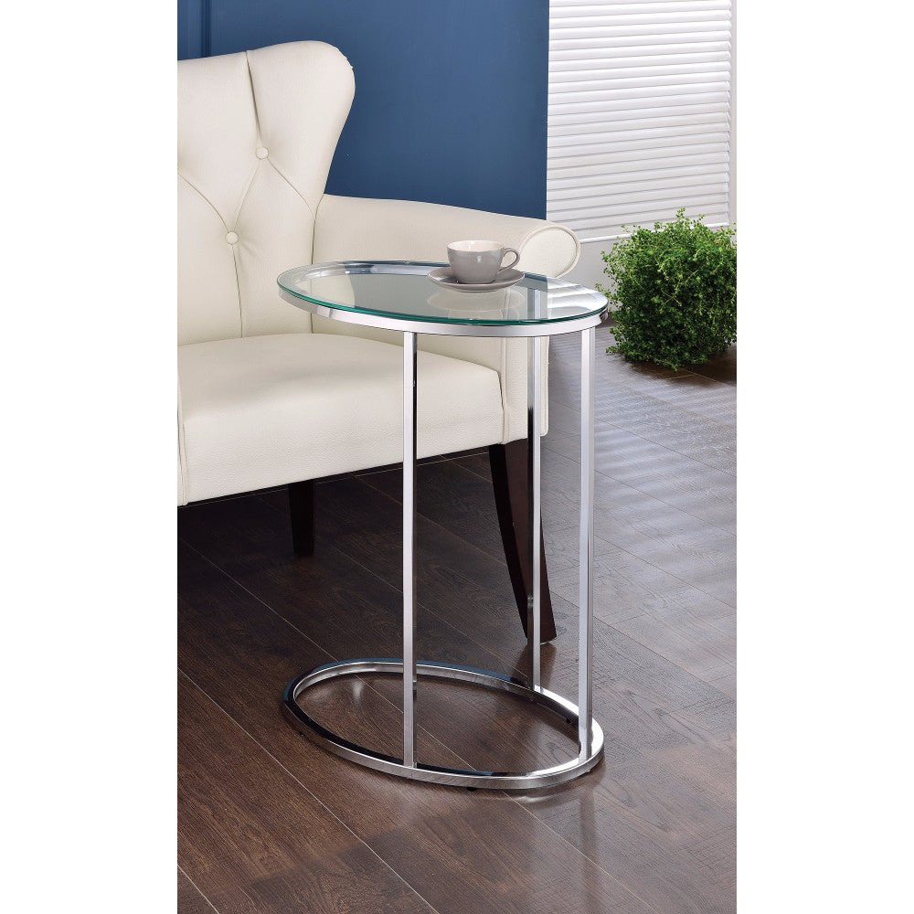  Stylish Oval Shaped Metal Snack Table With Glass Top, Silver By Benzara 