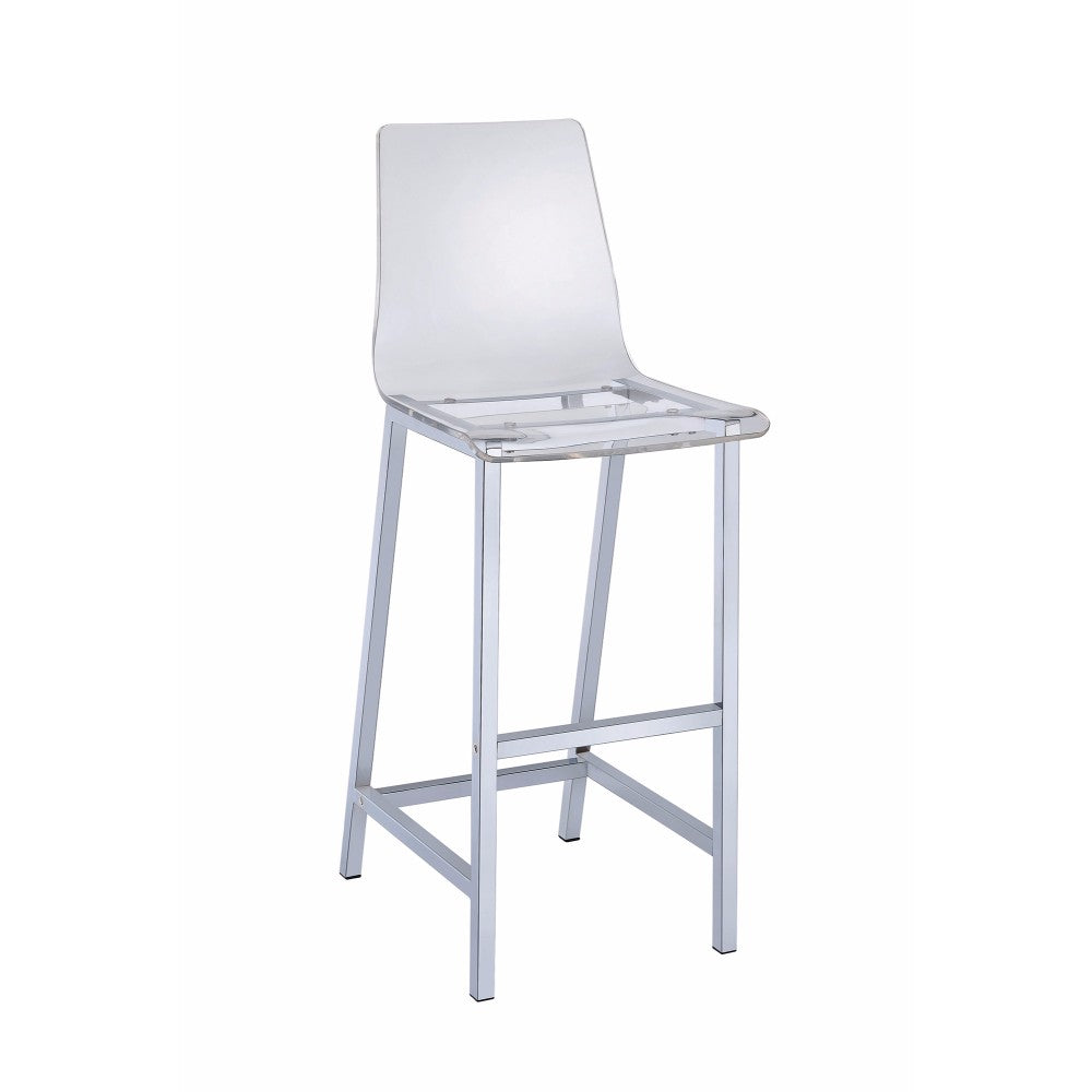  Elegant Acrylic Bar Height Stool With Chrome Base, Clear And Silver, Set Of 2 By Benzara 