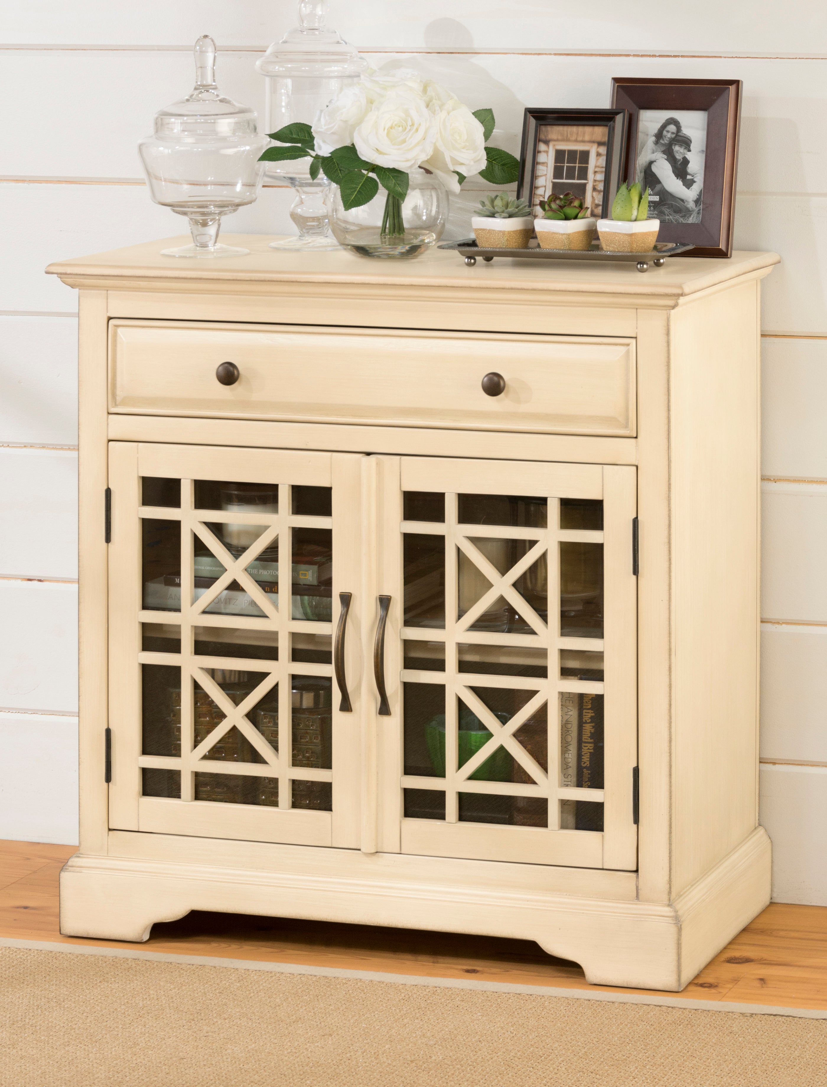  Craftman Series 32 Inch Wooden Accent Cabinet With Fretwork Glass Front, Cream By Benzara 