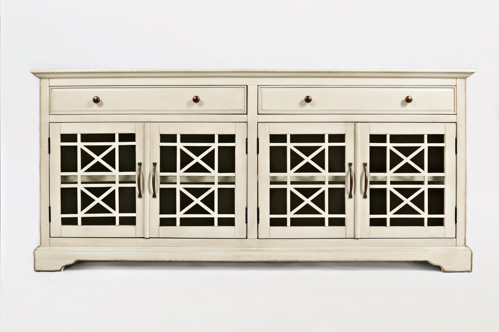 Craftman Series 70 Inch Media Unit With Fretwork Glass Front, Antique Cream By Benzara | TV Stands |  Modishstore  - 2
