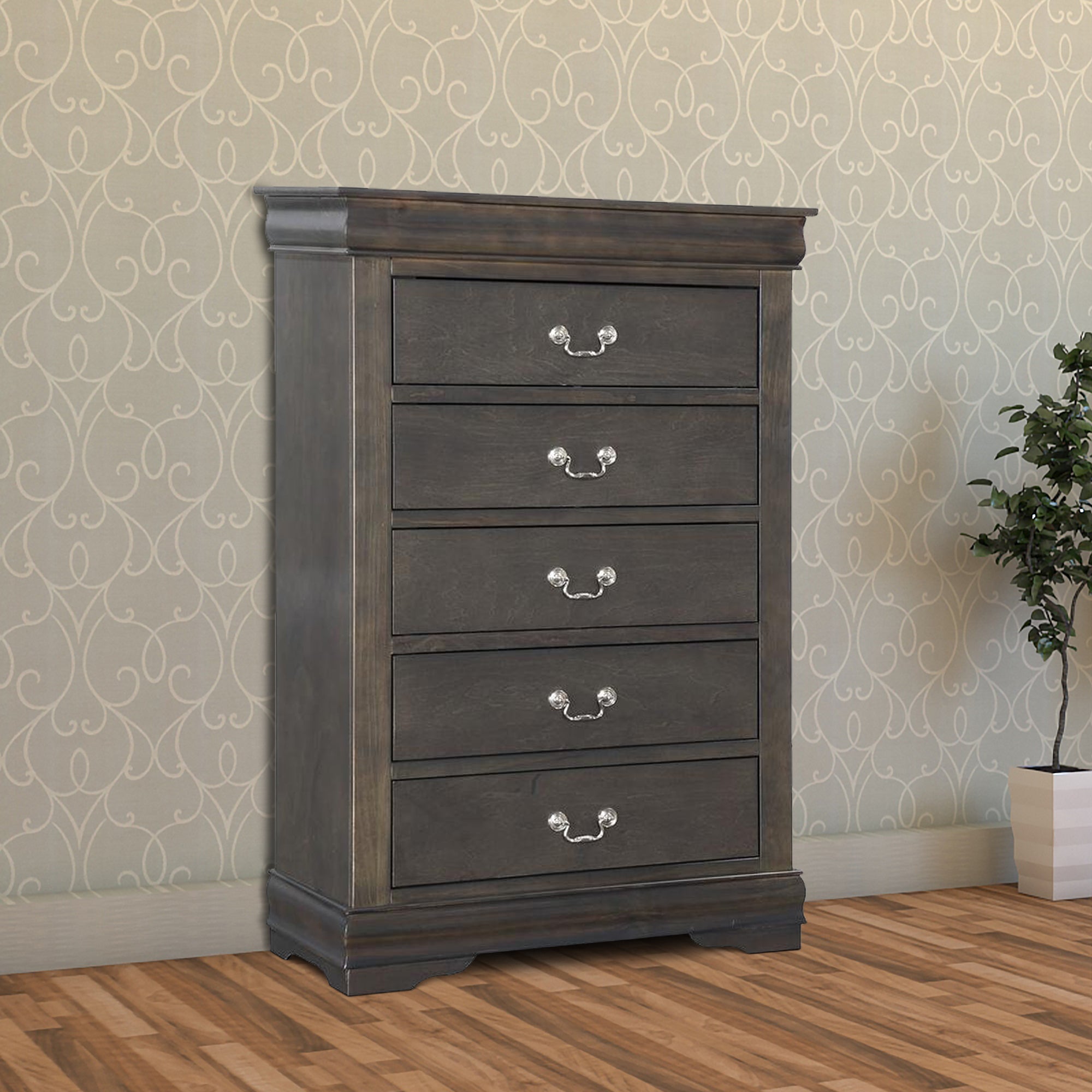  Traditional Style Five Drawer Wooden Chest With Bracket Base, Dark Gray By Benzara 