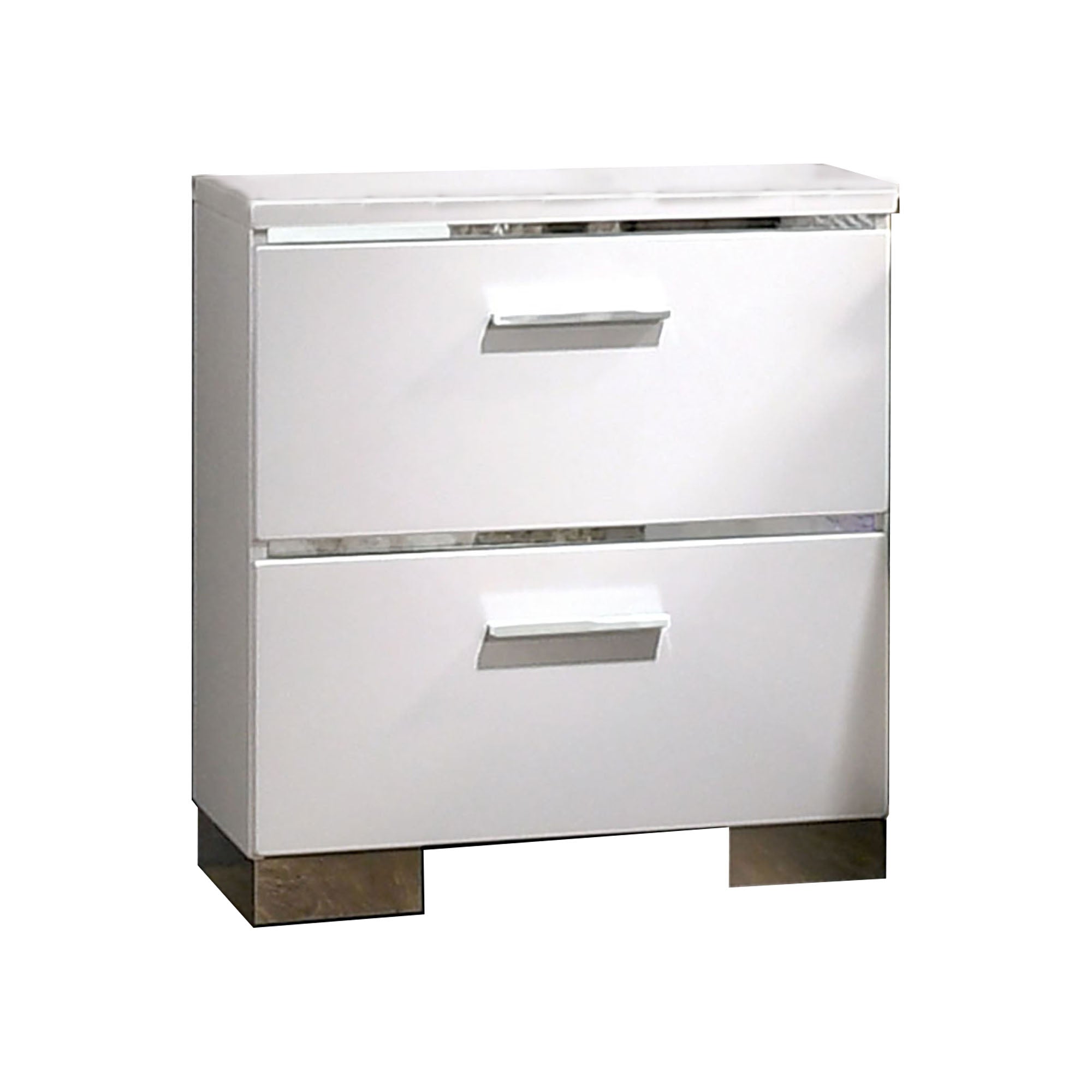  Wood And Metal Nightstand With 2 Drawers, White And Silver By Benzara 