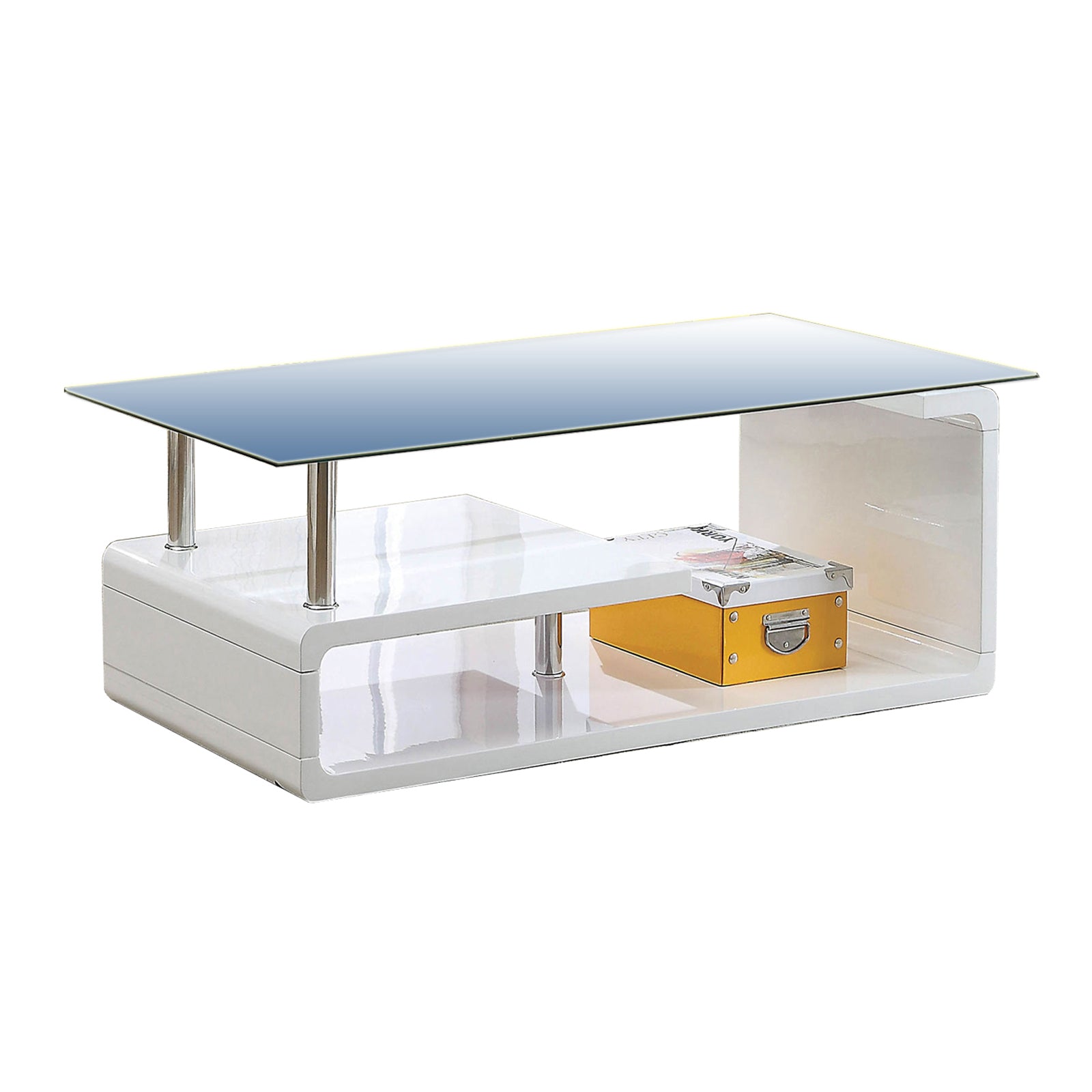  Contemporary Coffee Table With Multi Level Curled Open Shelf, White By Benzara 