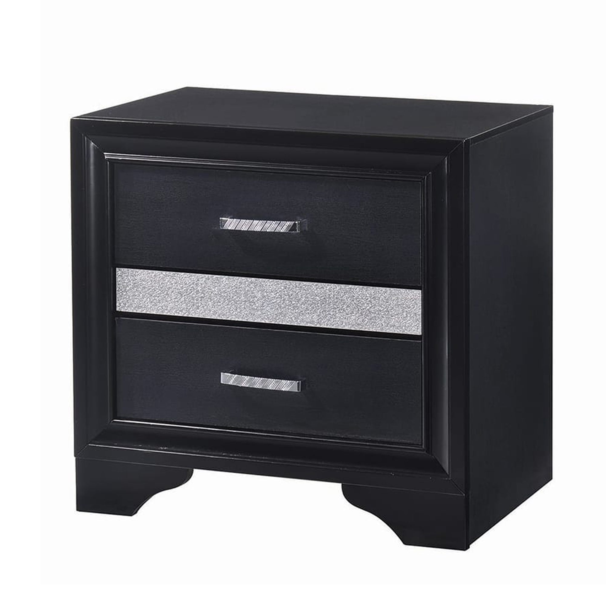  Nightstand With 2 Drawers And Rhinestone Pull Handles, Black And Silver By Benzara 